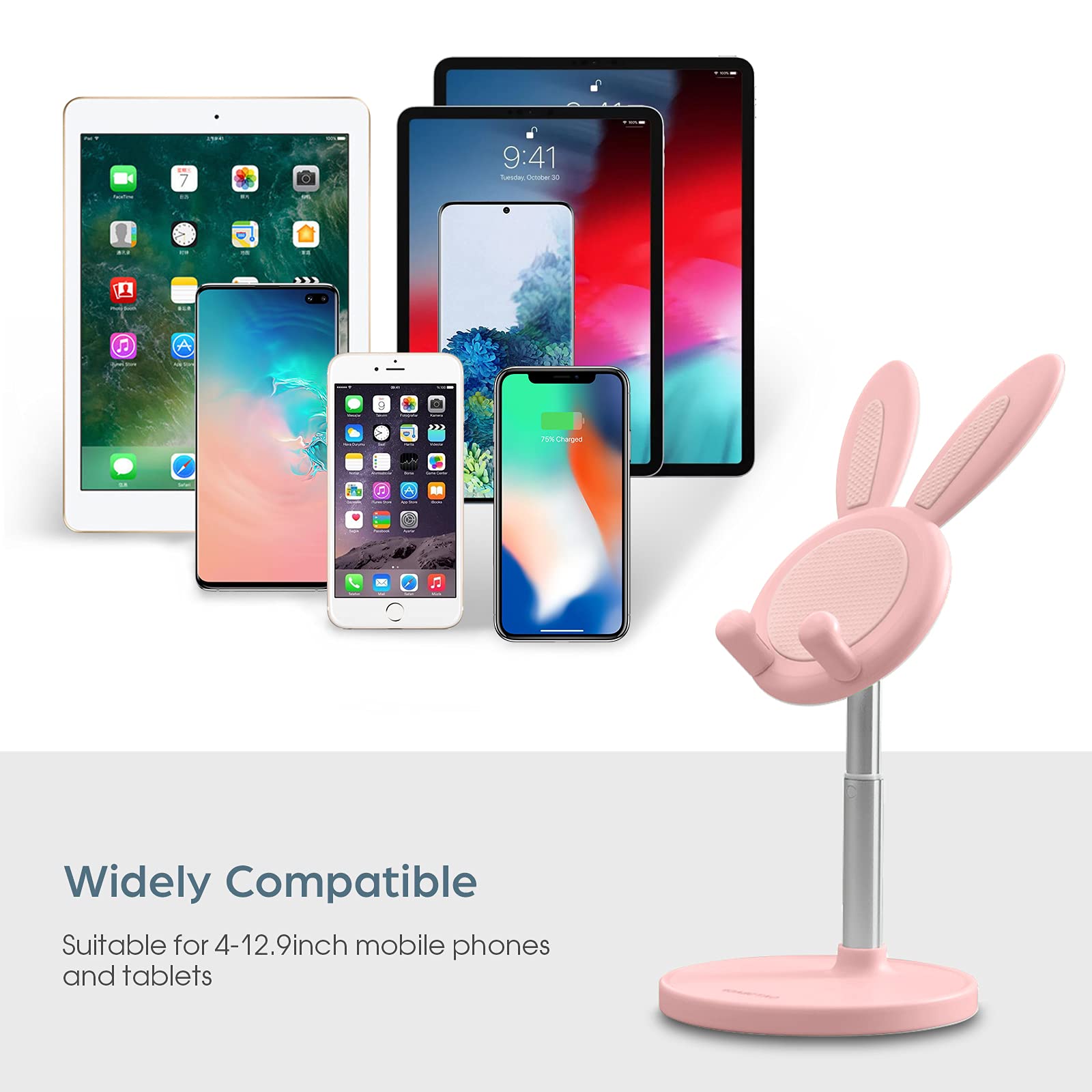 nediea Cell Phone Stand,Angle Height Adjustable Bunny Phone Stand for Desk,Cute Rabbit Phone Holder Stand for Desk, Compatible with All Mobile Phones, Tablets(4-10in) (): Pink