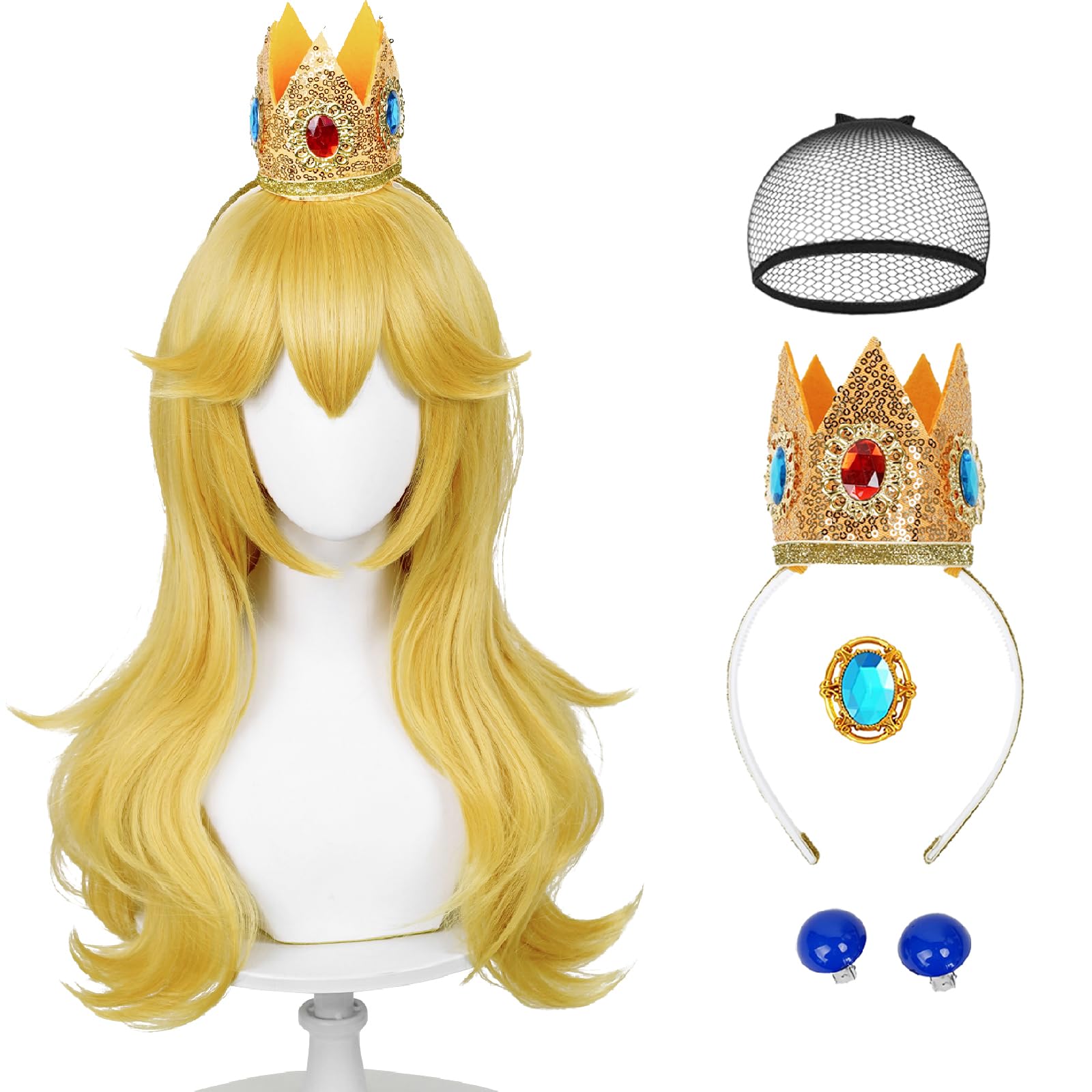 Blonde Wavy Princess Wig for Adult, Long Golden Cosplay Wig + Crown Brooch Earrings Accessories + Wig Cap for Halloween Costume Party