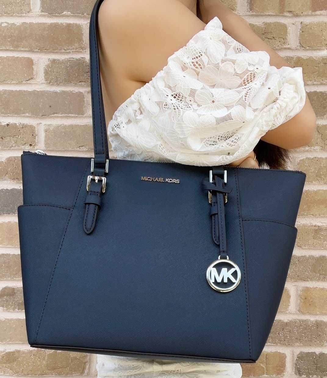 Michael Kors Charlotte Saffiano Leather Tote Handbag Shoulder Bag Purse, Merlot: Michael Kors Shoulder Bag, Electric Pink Multi