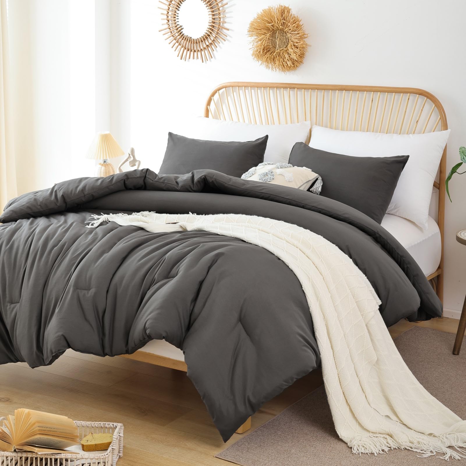 ROSGONIA Queen Comforter Set Oatmeal, 3pcs(1 Boho Oatmeal Comforter & 2 Pillowcases) All Season Soft Bedding Lightweight Bedspread Blanket Quilt: Queen Comforter 90"x90" Charcoal Gray