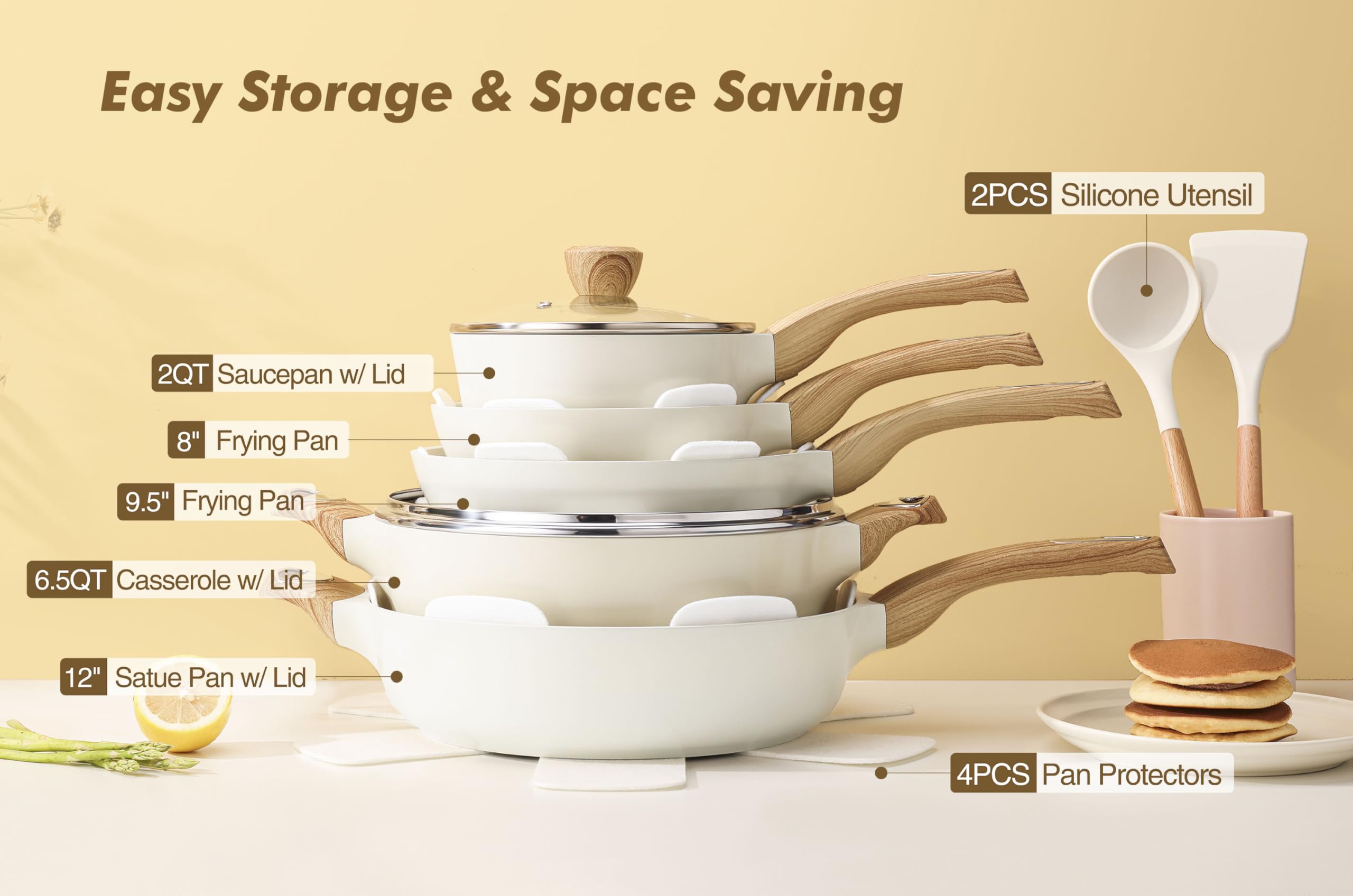 SENSARTE Ceramic Cookware Sets, Pots and Pans Set Non stick, 14-Piece Induction Cookware, Non toxic Healthy Non Stick Kitchen Cooking Set, with Frying Pans Set, PFAS PTFE PFOA PFOS Free: Ceramic White