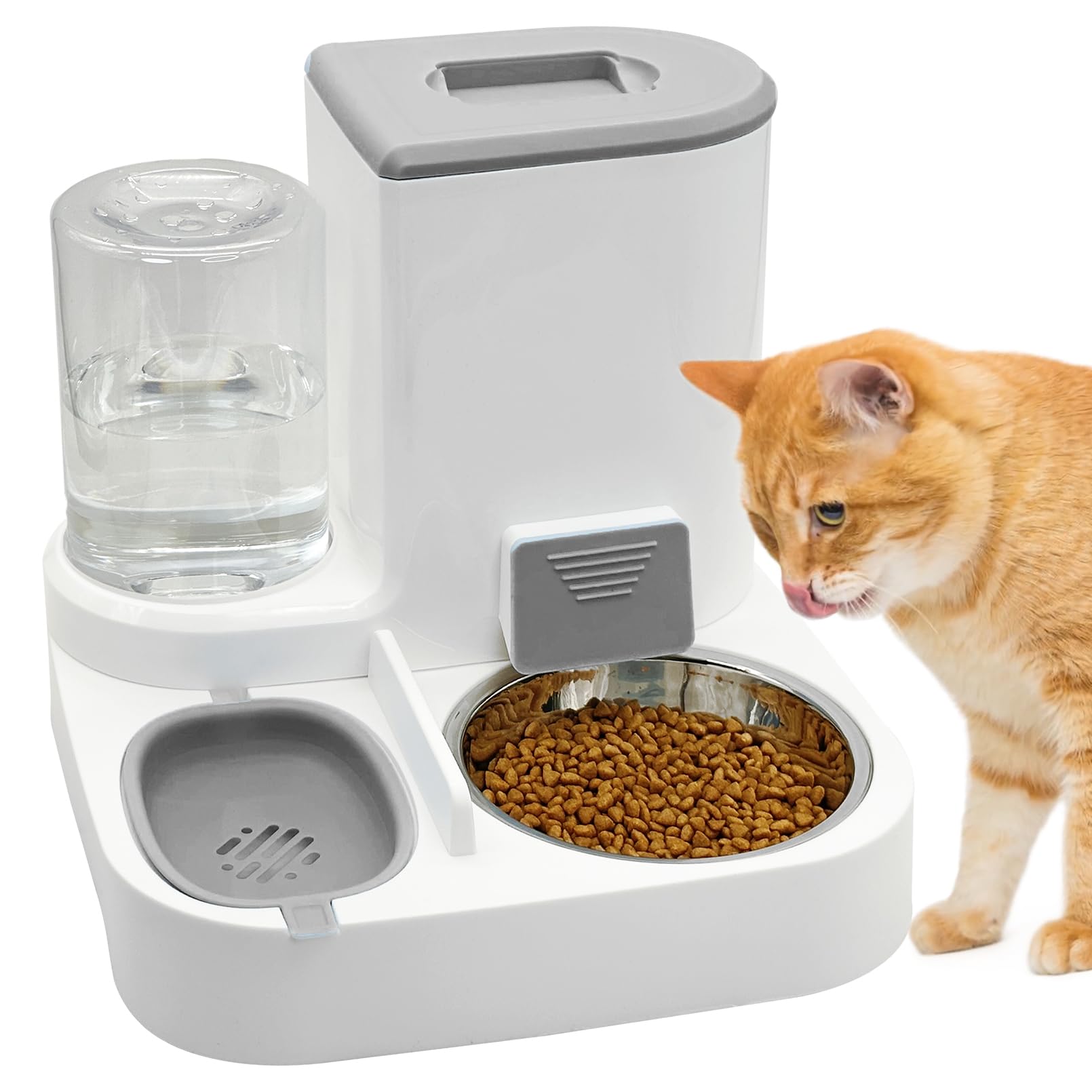 Fhiny Gravity Cat Feeder and Water Dispenser, 2 in 1 Automatic Pet Waterer Detachable Stainless Steel Food Bowls Set Pet Food Storage for Small Dog Puppy Cat Kitten Pet Easy Clean (Grey): Style A Grey-Metal Bowl