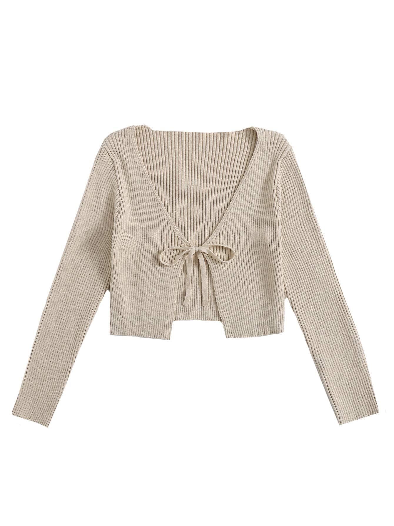 Floerns Women's Tie Front Long Sleeve Rib Knit Shrug Sweaters Cardigan Crop Top