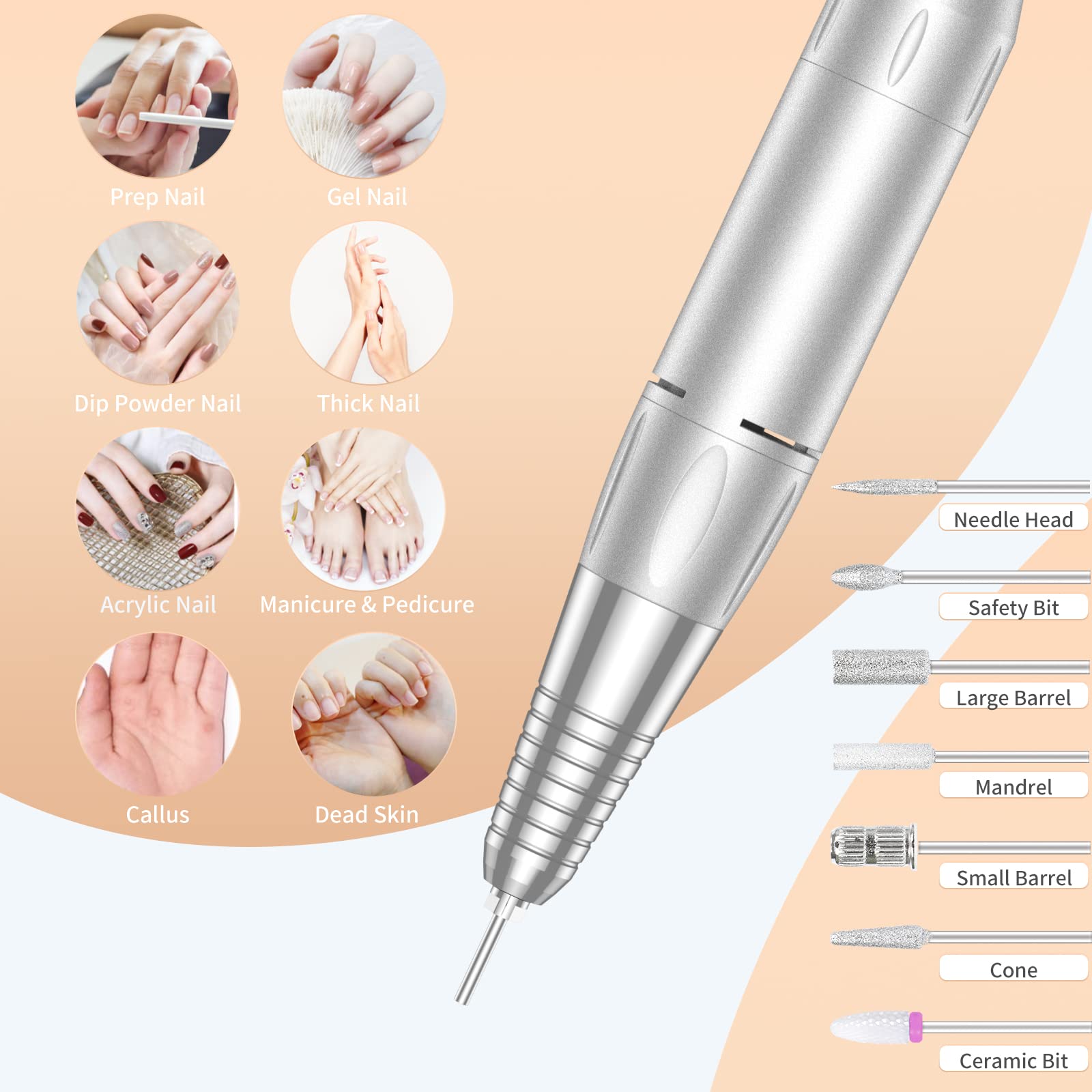 Portable Nail Drill Professional 35000 RPM, MOCOWIND Rechargeable Electric Nail File Machine E File for Acrylic Gel Polishing Removing, Cordless E-File with Bits Kit for Manicure Salon Home,: Black