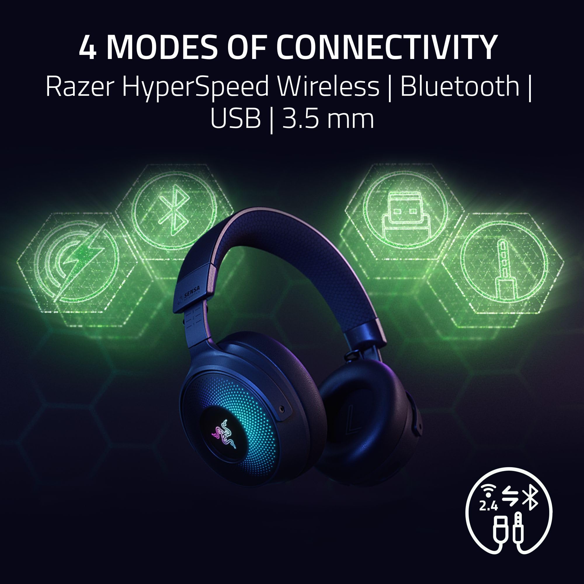 Razer Kraken V4 Pro Wireless Gaming Headset: OLED Control Hub - HD Haptics - 2.4GHz Wireless - Bluetooth - USB - 3.5 mm - Super Wideband Mic - For PC, Mac, PS5, Nintendo Switch, Steam Deck, Smartphone