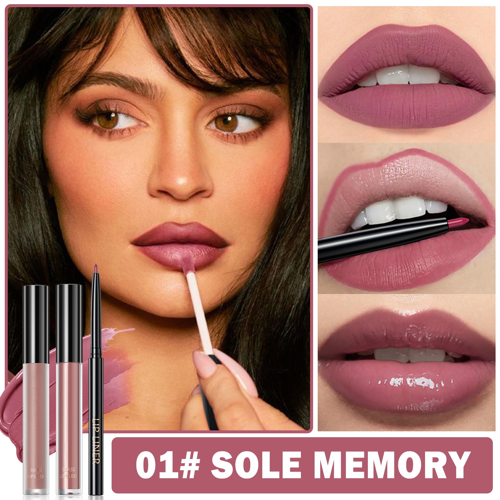 QIUFSSE 3 in 1 Black Lip Liner Pencil and Lipstick lipgloss Set Matte Black Lipstick Lip Gloss Kit Long-lasting Nonstick Cup Smudge Proof Lip Kits with Lip Liner,Velvet Goth Makeup (): 01# Sole Memory