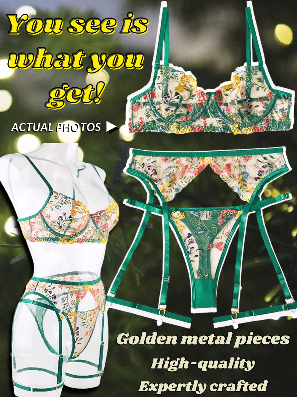 Kaei&Shi Vibrant Floral Embroidery, Underwire, Thong, Thigh Straps, Lingerie Set: 4-6 Green