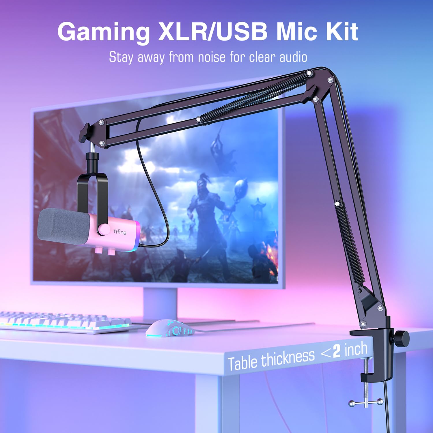 FIFINE XLR/USB Gaming Microphone Set, Dynamic PC Mic for Streaming Podcasting, Computer RGB Mic Kit with Boom Arm Stand, Mute Button, Headphones Jack, for Recording Vocal Voice-Over-AmpliGame AM8T thumbnail 2