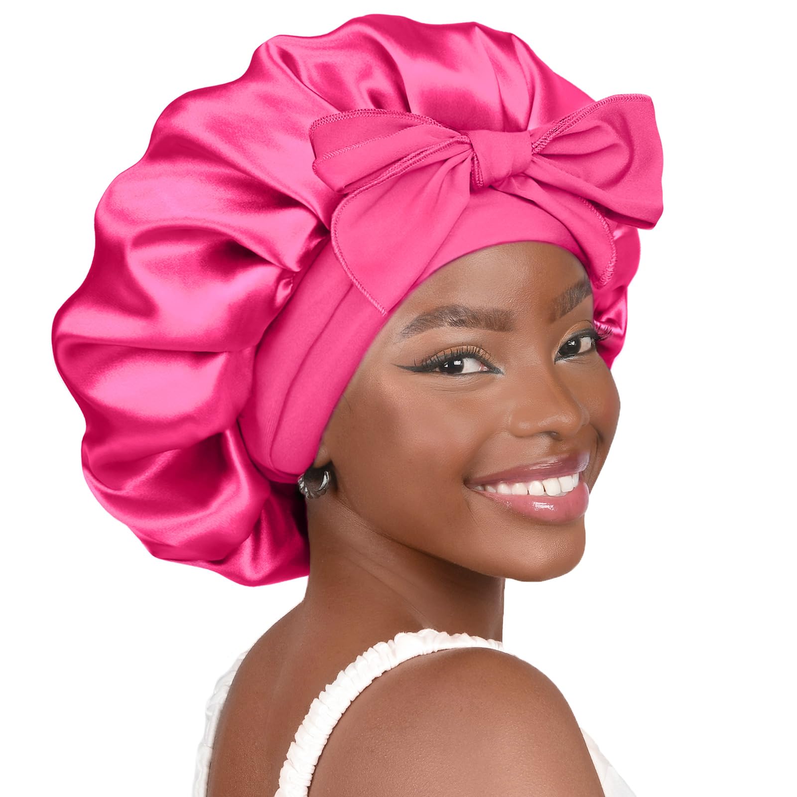 YANIBEST Silk Bonnet for Sleeping Women Satin Bonnet Double Layer Satin Lined Hair Bonnet with Tie Band Curly Hair: Hot Pink