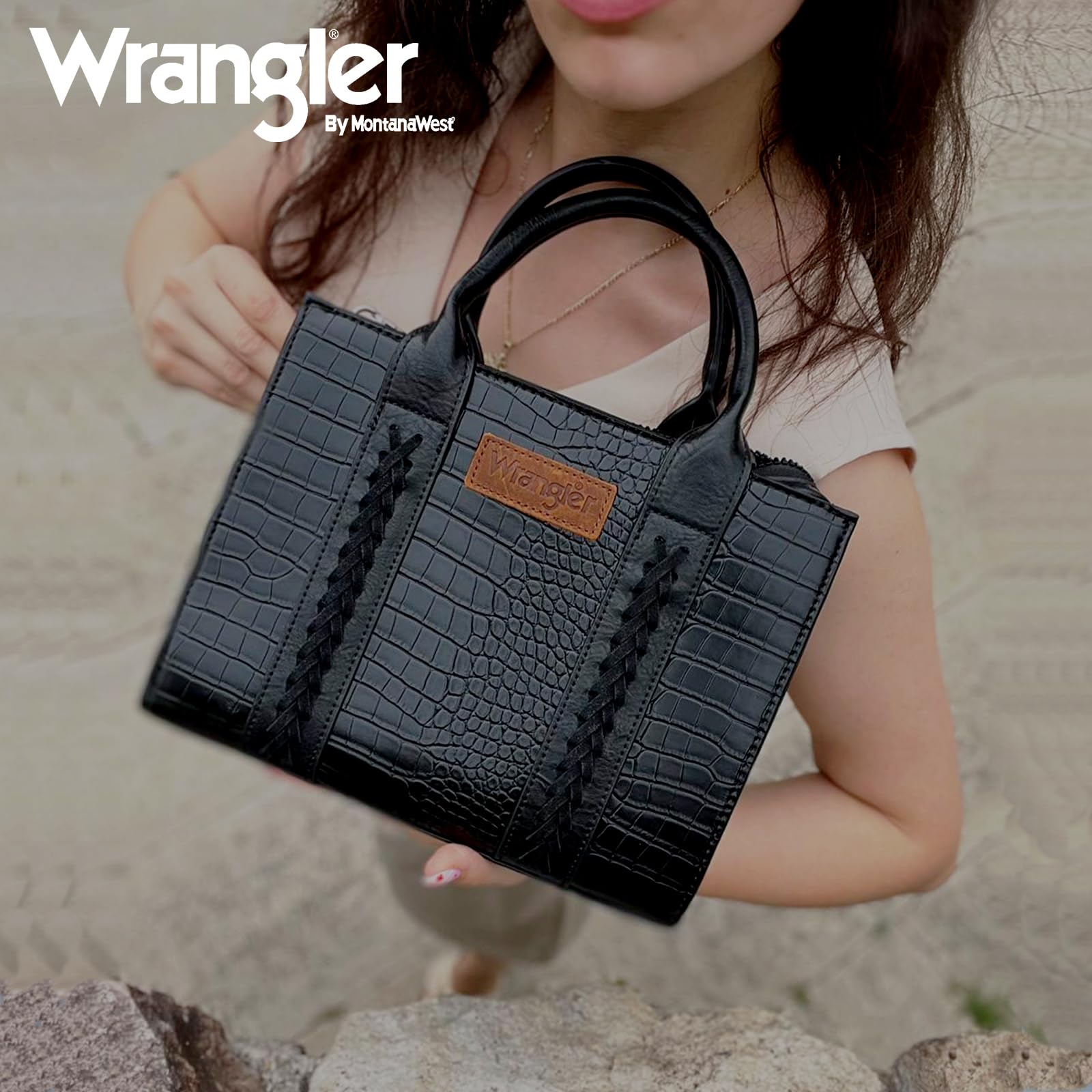 Wrangler Medium Tote Bag for Women Designer Satchel Handbags Top-handle Purses with Strap: Crocodile-black