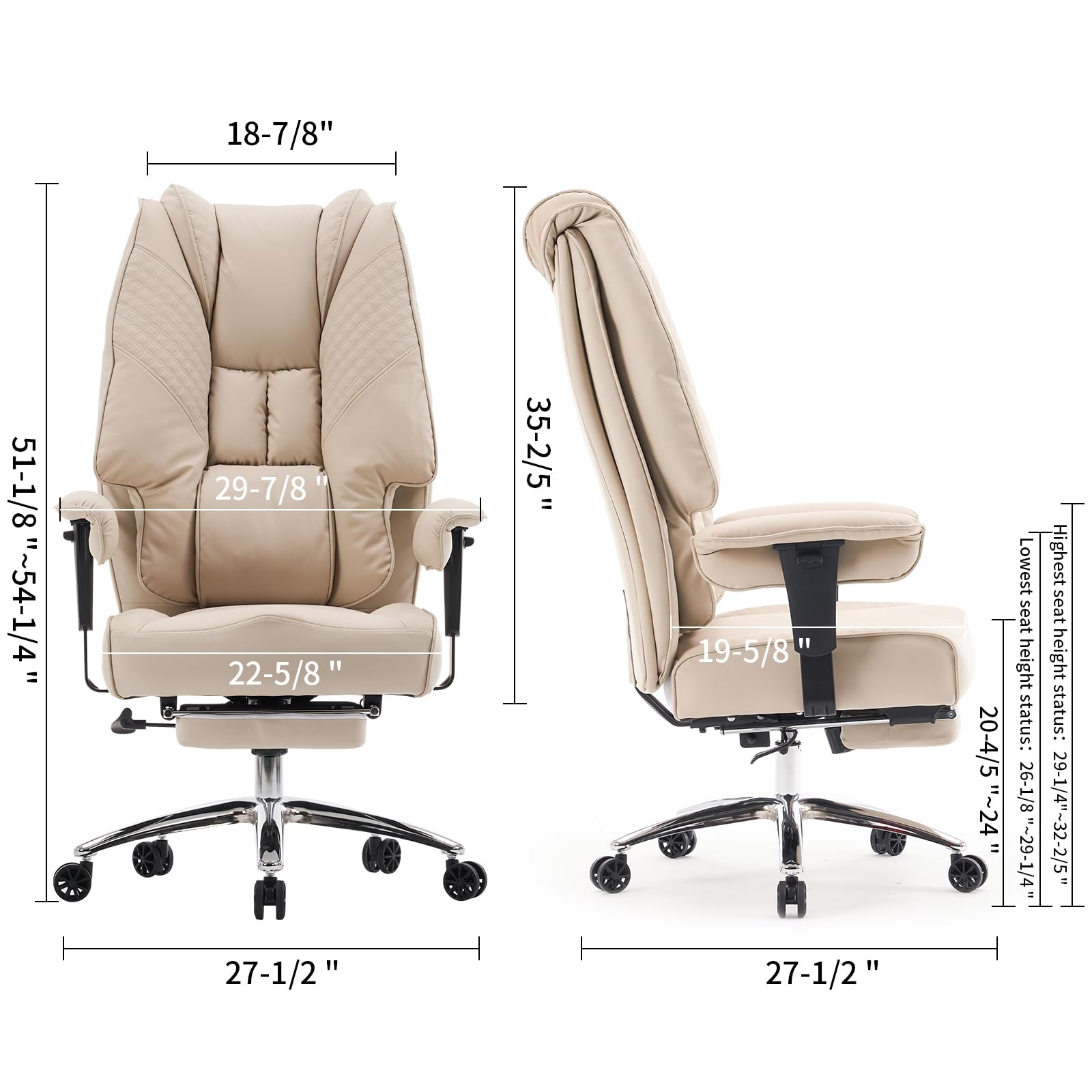 Big and Tall Office Chair 400lbs Wide Seat, Leather High Back Executive Office Chair with Foot Rest, Ergonomic Chairs Lumbar Support for Lower Back Pain Relief (): Beige