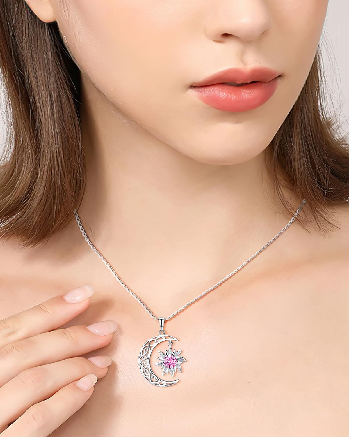 BDL Sun and Moon Couple Necklace - Birthstone Necklaces Symbol of Harmony in 925 Sterling Silver,Unique Gift for Her or Him - Eternal Love Connection: Oct. Sun Moon