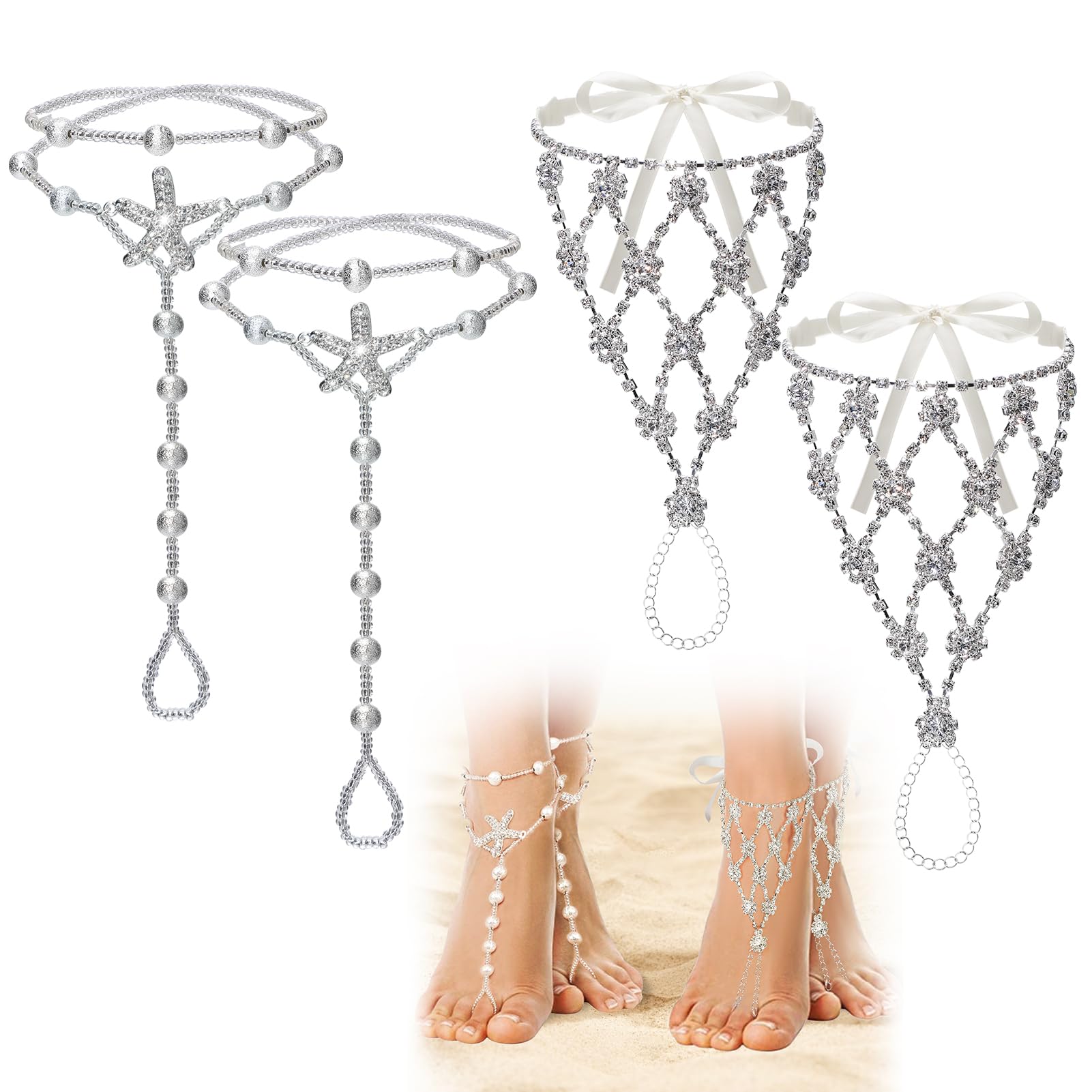 2 Pairs Barefoot Sandals- Beach Anklet Chain with Starfish for Women Lady's Beach Wedding Foot Jewelry Party Accessories: Beads,Chain,Simple