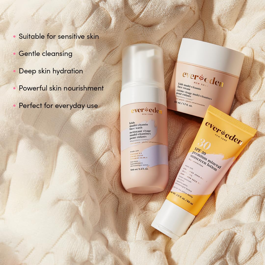 Evereden Daily 1-2-3 Routine Bundle: Clean & Vegan Skin Care Set for Kids - Hydrating & Nourishing Tween Skincare Set with Multi-Vitamin Face Wash, Face Cream, Lotion, & SPF 30 Mineral Sunscreen: Melon