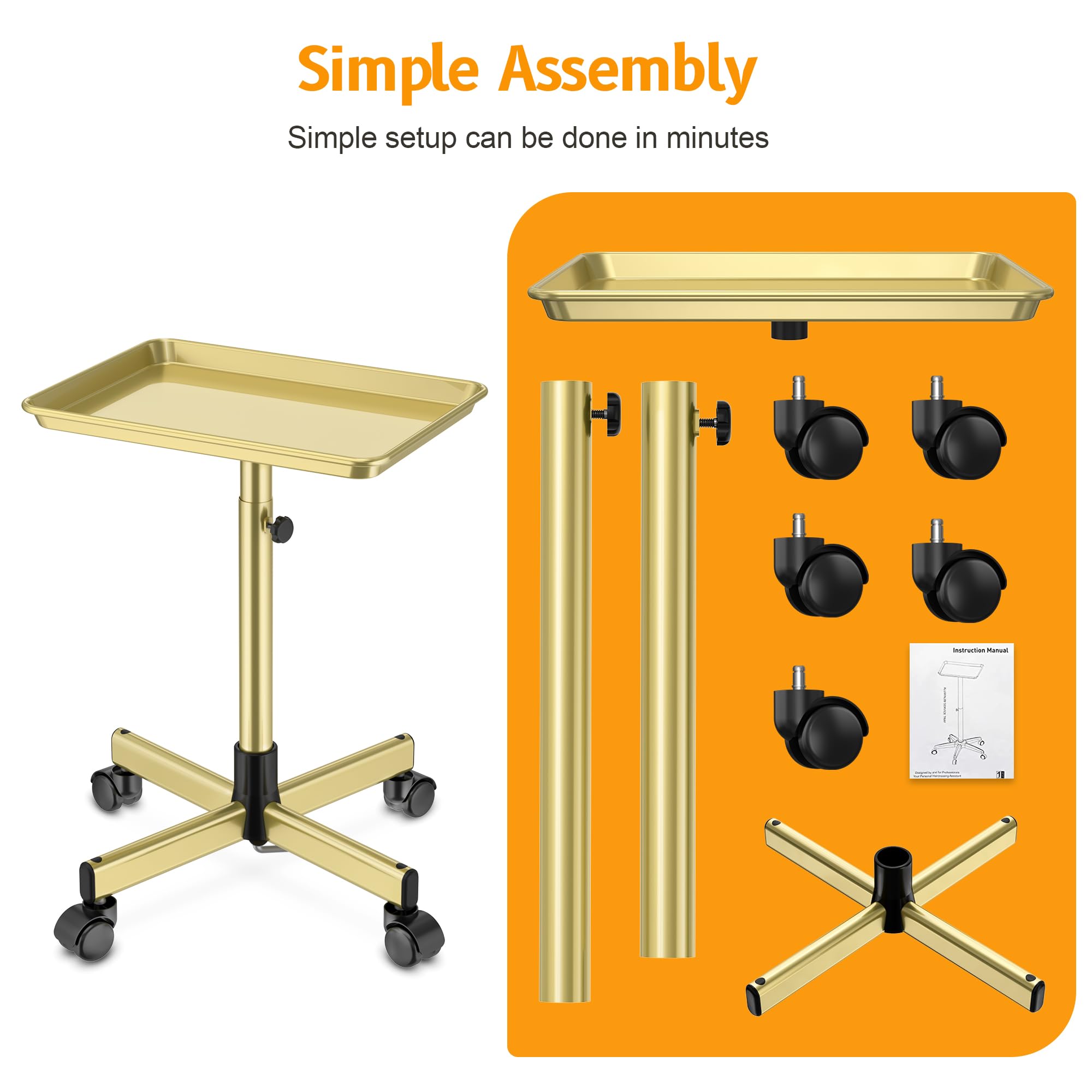 DEER BEAUTY Salon Tray on Wheels - Premium Aluminum Tattoo Tray Rolling Trolley - Adjustable Salon Service Rolling Tray Hairdresser Cart with Clinic Spa Rolling Tray Wheels (): Bronze