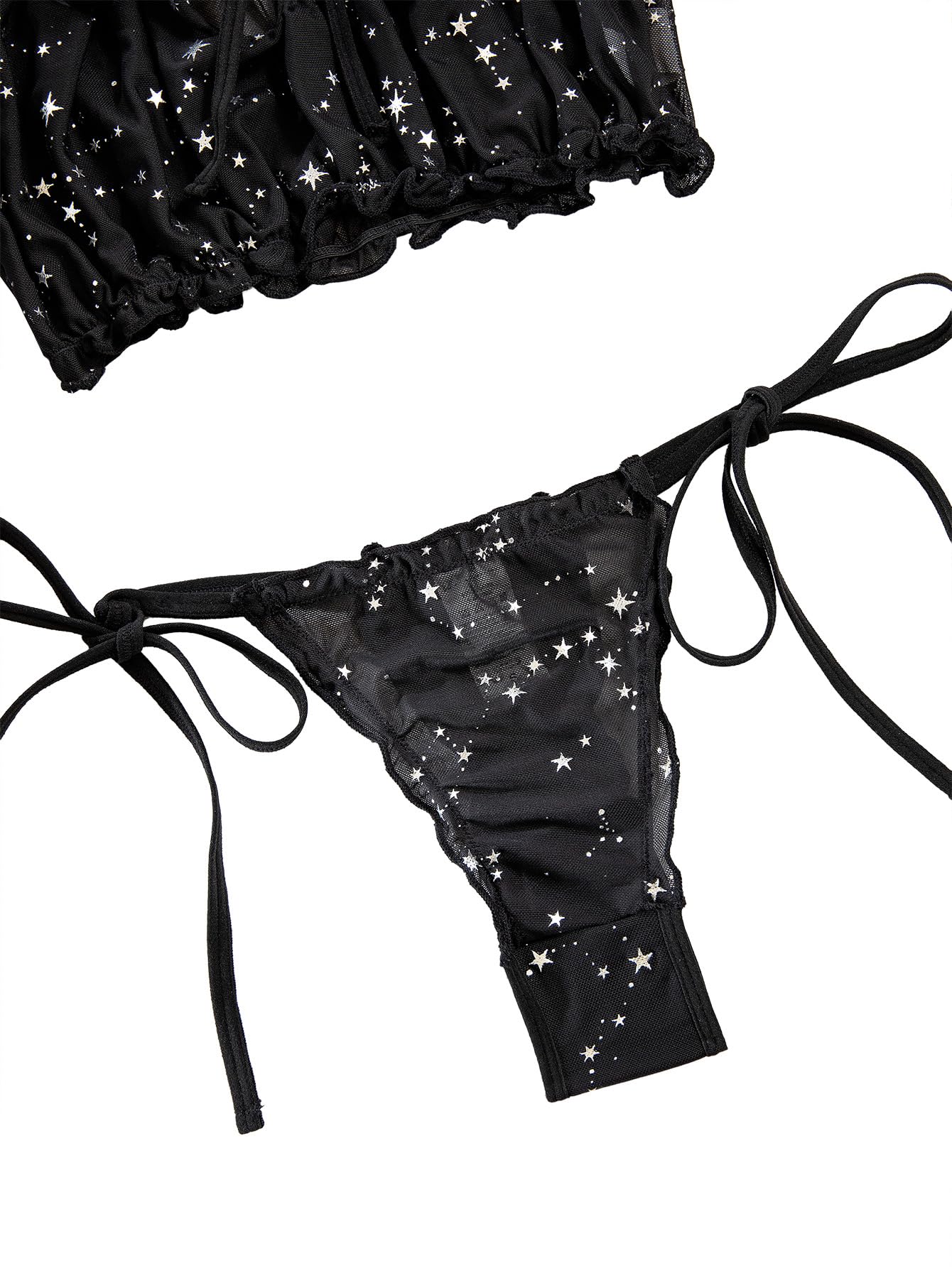 Lilosy Sexy Stretch Ruffle Tie Sheer Mesh Lingerie Set Outfits: X-Large Chiffon Star Black