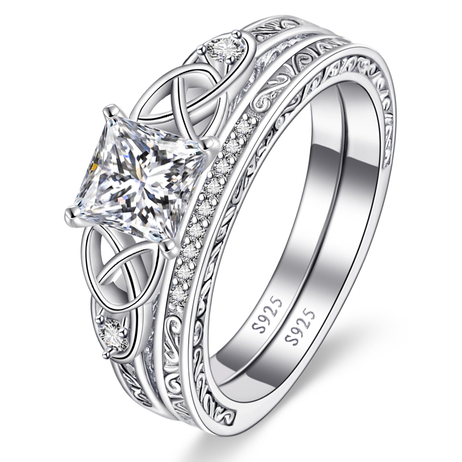 Vintage Celtic Knot Women's Engagement Ring Sets 925 Sterling Silver/14K Gold Plated Stackable Wedding Bands Rings AAAAA Cubic Zirconia Women Bridal Sets Wedding Ring Band Width 1.8mm Size 5-9 thumbnail 1