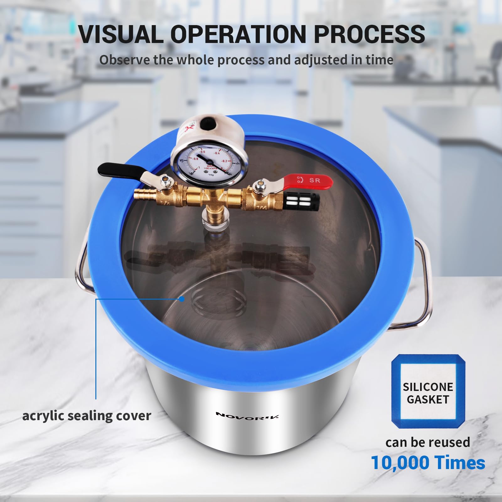 novorik 3 Gallon Vacuum Chamber with 3.6 CFM Pump, Single Stage Vacuum Chamber Pump Kit with Acrylic Lid for Stabilizing Wood, Degassing Silicone Resin, Epoxies thumbnail 6