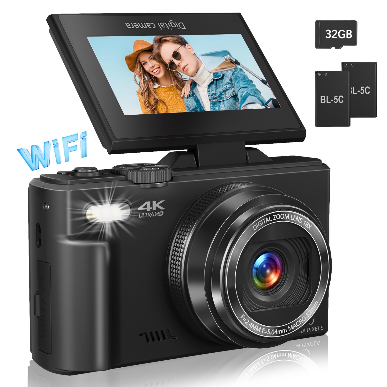 Digital Camera for Photography, 4K Vlogging Camera for YouTube 3" 180° Flip Screen 18X Digital Zoom Compact Retro Cameras with 32GB TF Card & 2 Batteries,: Black