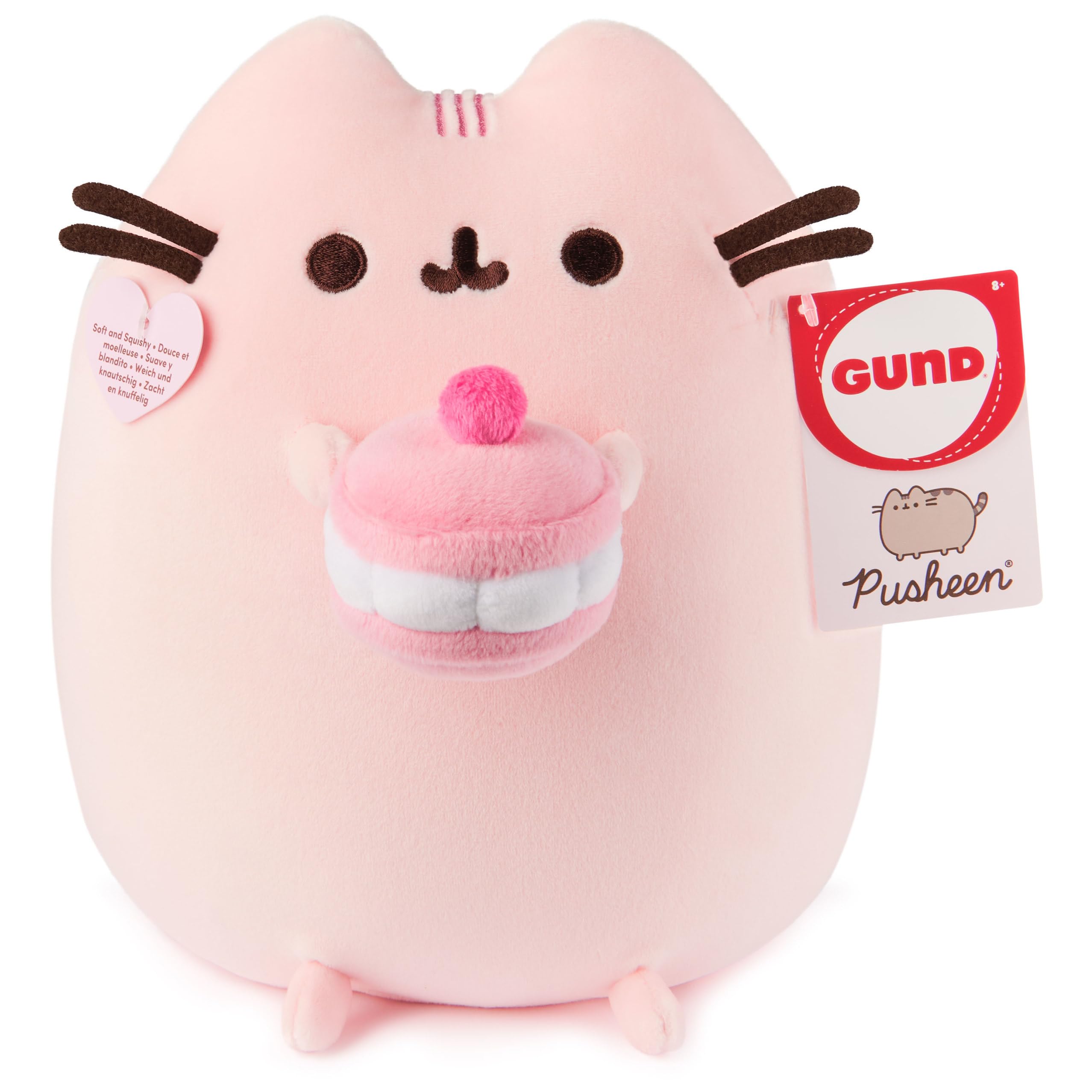 GUND Pusheen Cherry Macaron Squisheen Plush, Squishy Toy, Collectible Dessert Food Toy, Cat Stuffed Animal for Ages 8 and Up, Pink, 9.5”