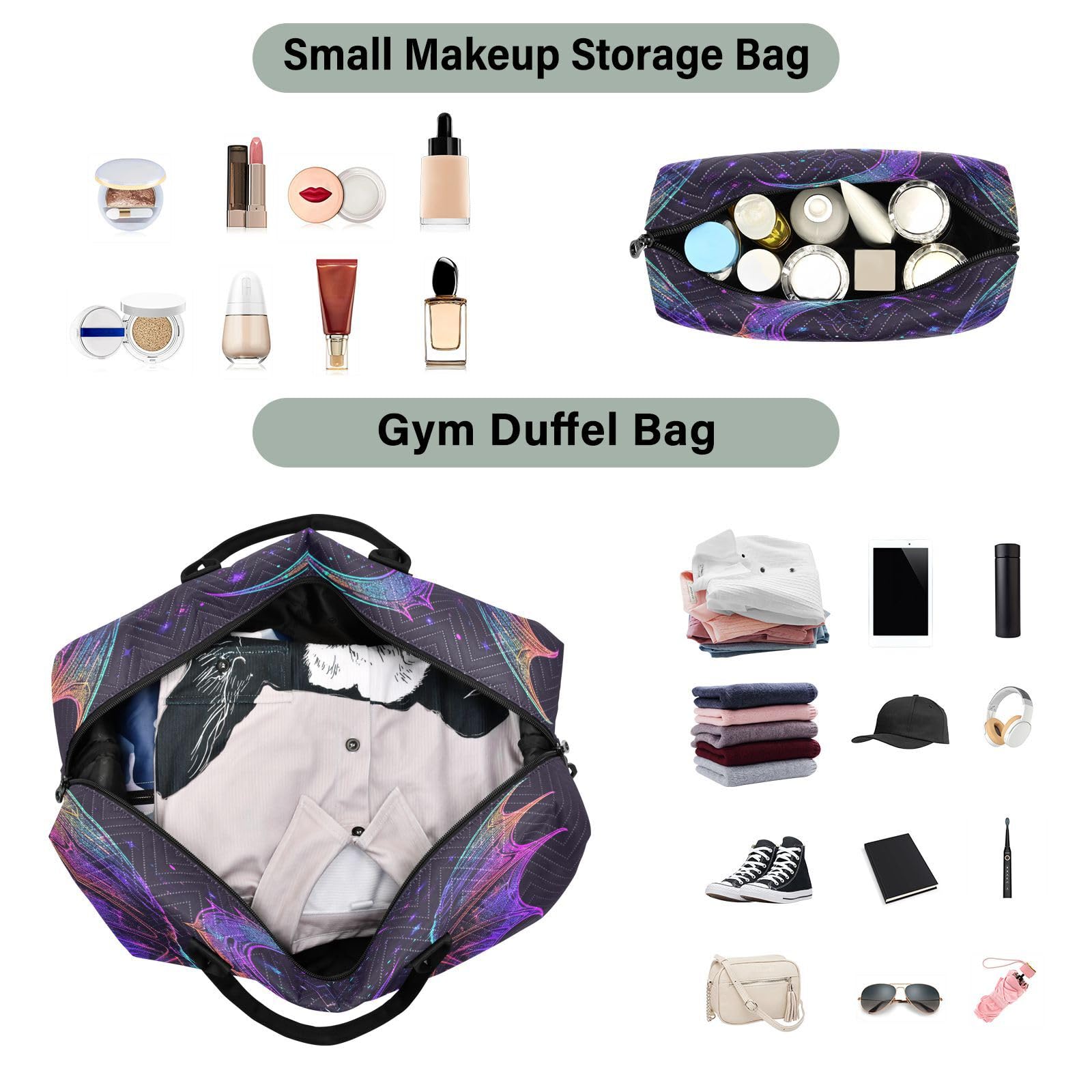 Bat Neon Crescent Weekender Gym Duffle Bag for Women with Toiletry Travel Tote Swim Bag