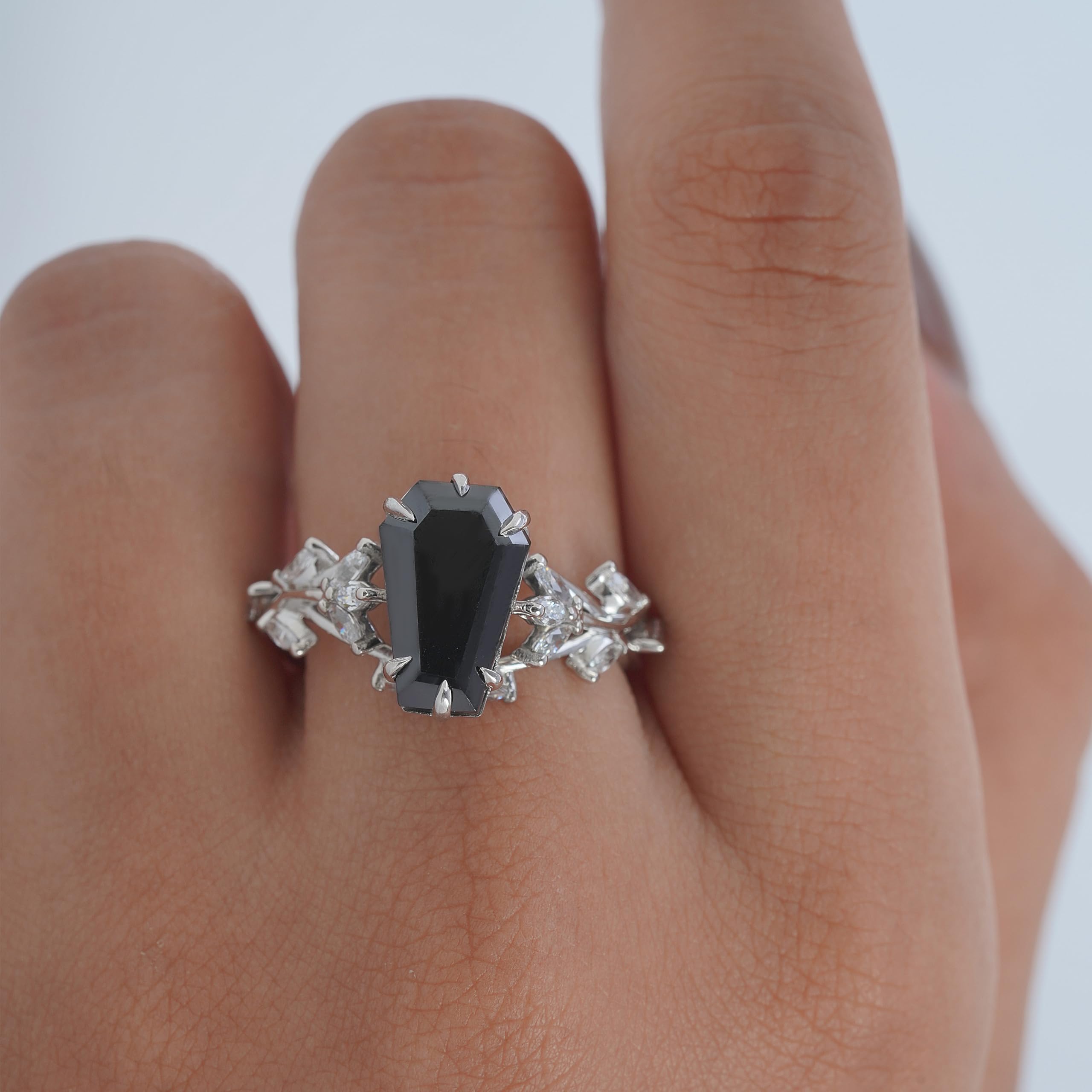 Dfine Jewelry Store Coffin Cut Black Moissanite Ring 925 Sterling Silver Dark Macabre Gothic Engagement Wedding Statement Womens Ring Goth Jewelry Size 4 to 10: 6.5
