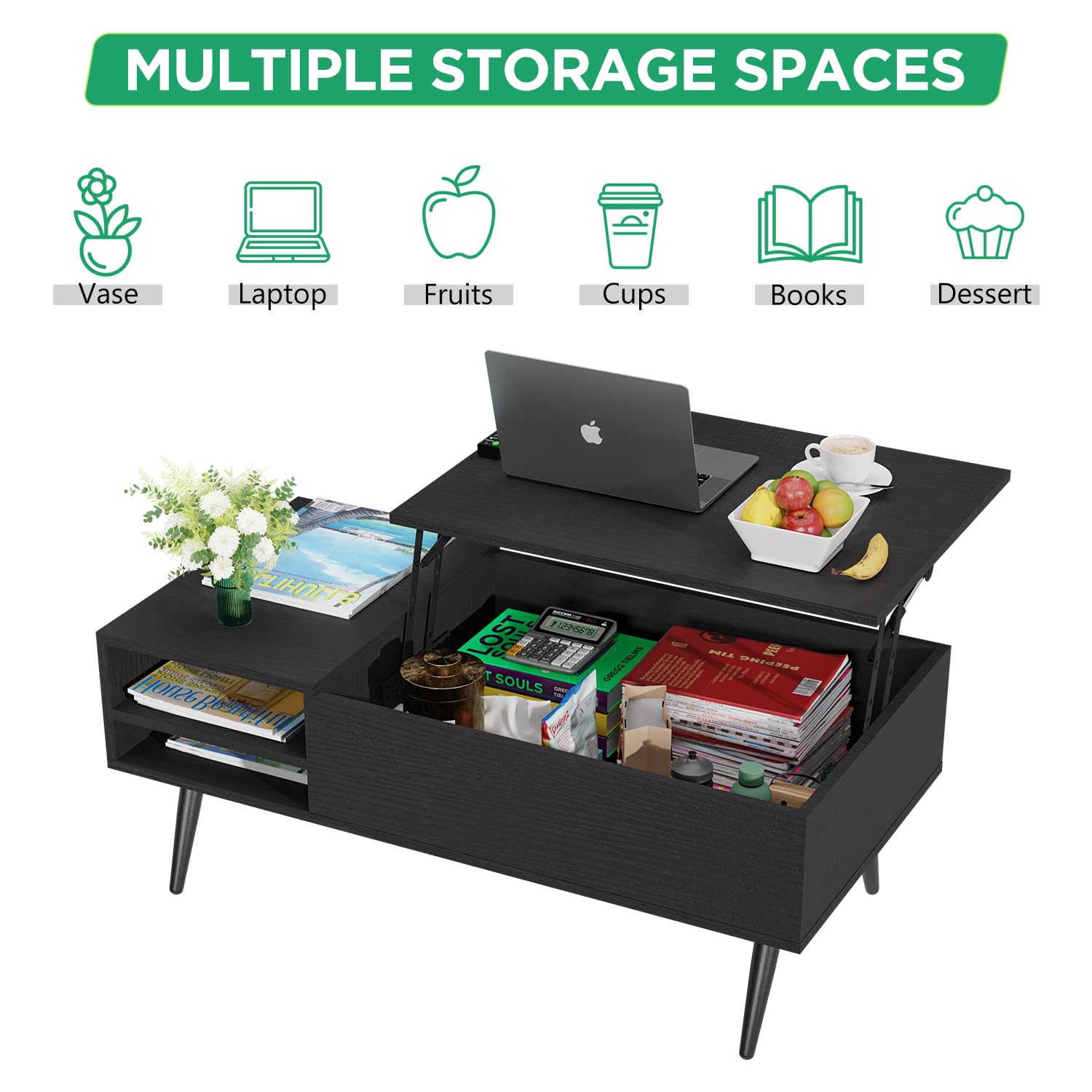 PayLessHere Lift Top Coffee Table with Adjustable Storage and Hidden Compartment Small Wood Coffee Table Center Table for Home Living Room Office Apartment Reception Room,: Black