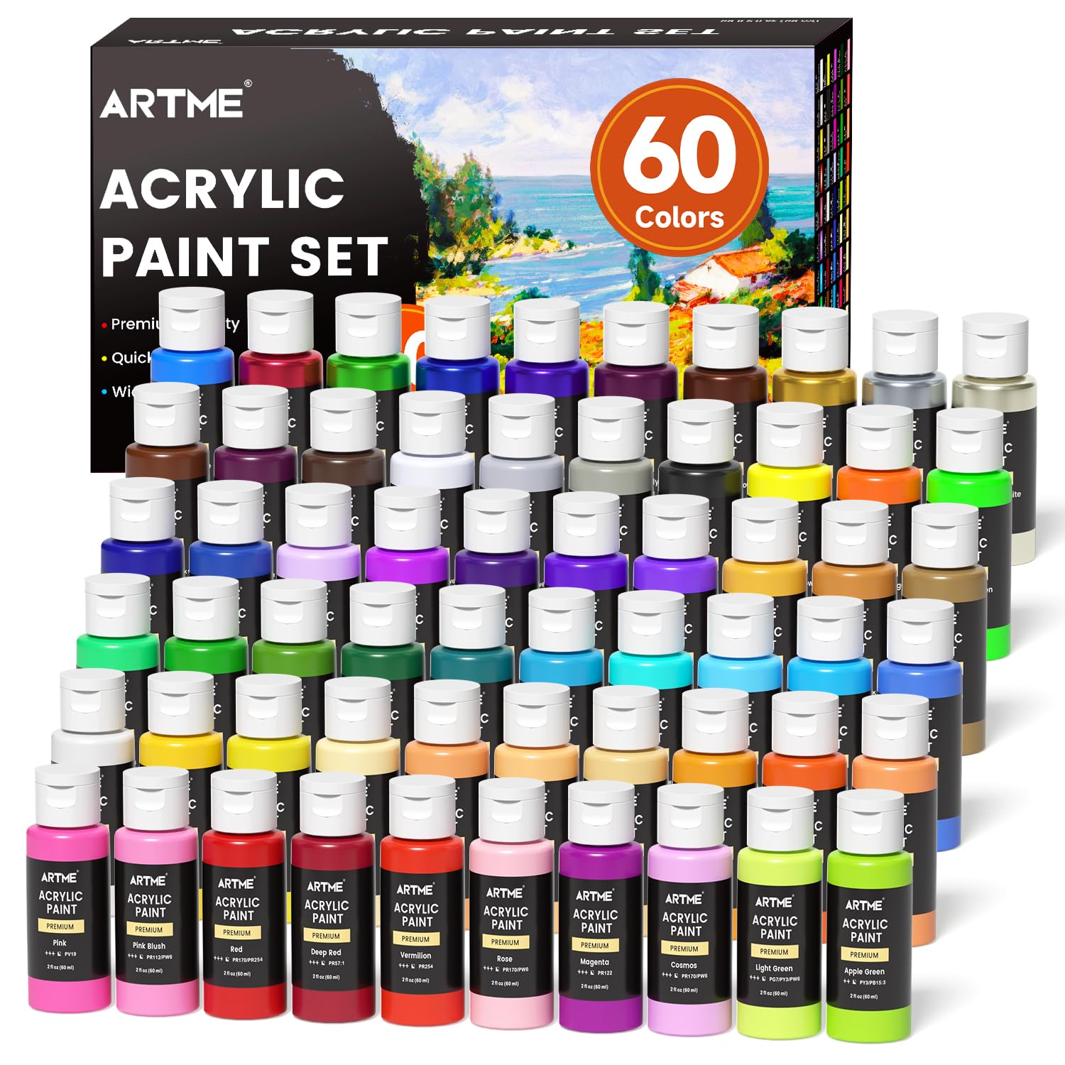 ARTME Acrylic Paint Set, 60 Colors in 2oz/60ml Bottles, Non Toxic, Waterproof, Rich Pigments Acrylic Paint for Artists, Students, Beginners Painting on Rocks Canvas Wood Clay Fabric Ceramic Crafts thumbnail 1