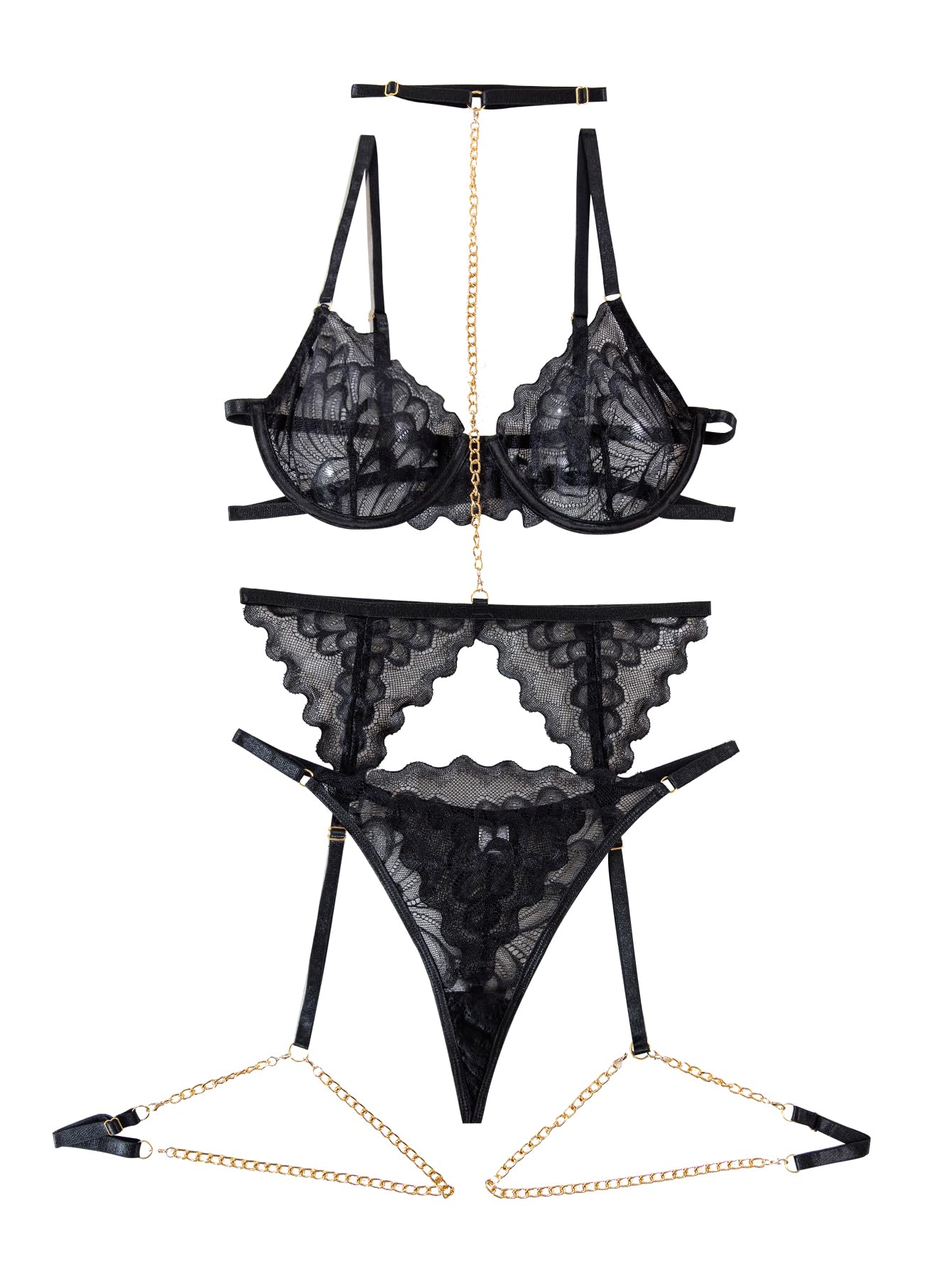 Lilosy Sexy Choker Floral Lace Underwire Push Up Garter Belt Lingerie Set for Women Sheer Bra and Panty 3 Piece: Medium Chain Black