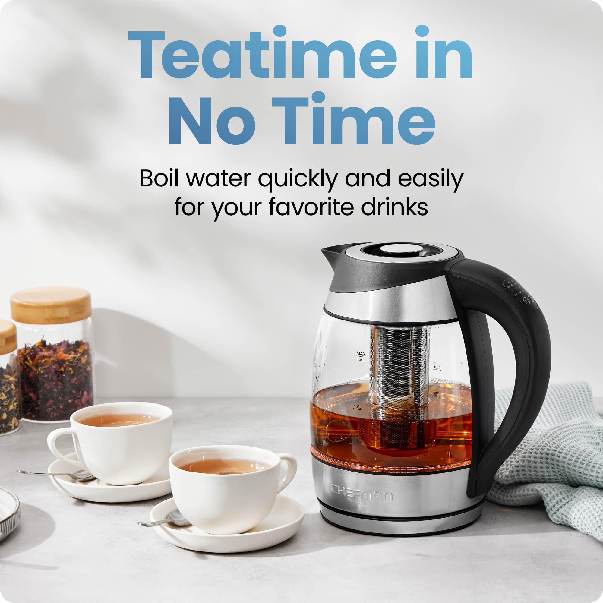 Chefman Electric Kettle with Temperature Control, 5 Presets LED Indicator Lights, Removable Tea Infuser, Glass Tea Kettle & Hot Water Boiler, 360° Swivel Base, BPA Free, Stainless Steel, 1.8 Liters: 1.8L - Temperature Control