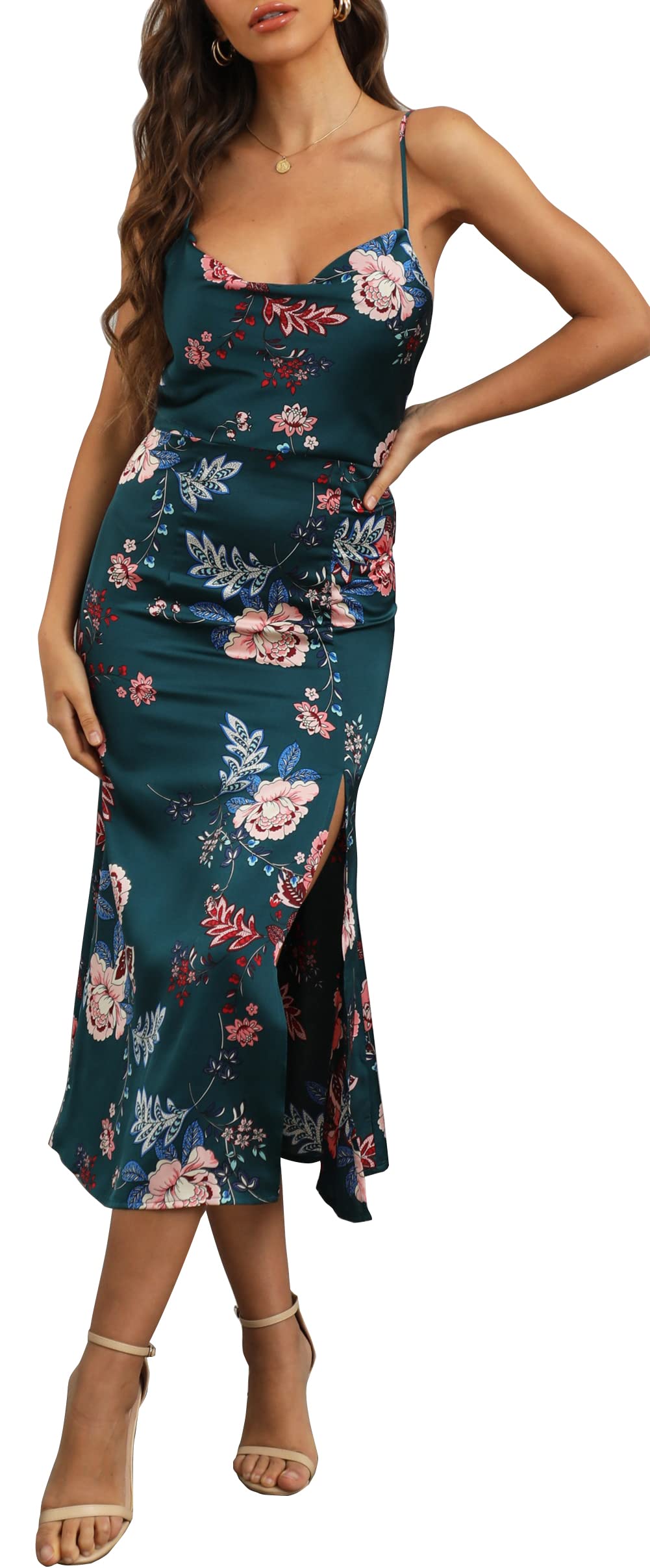 Tsher Women's Sleeveless Spaghetti Strap Satin Wedding Guest Party Dress Cowl Neck Backless Midi Formal Dresses