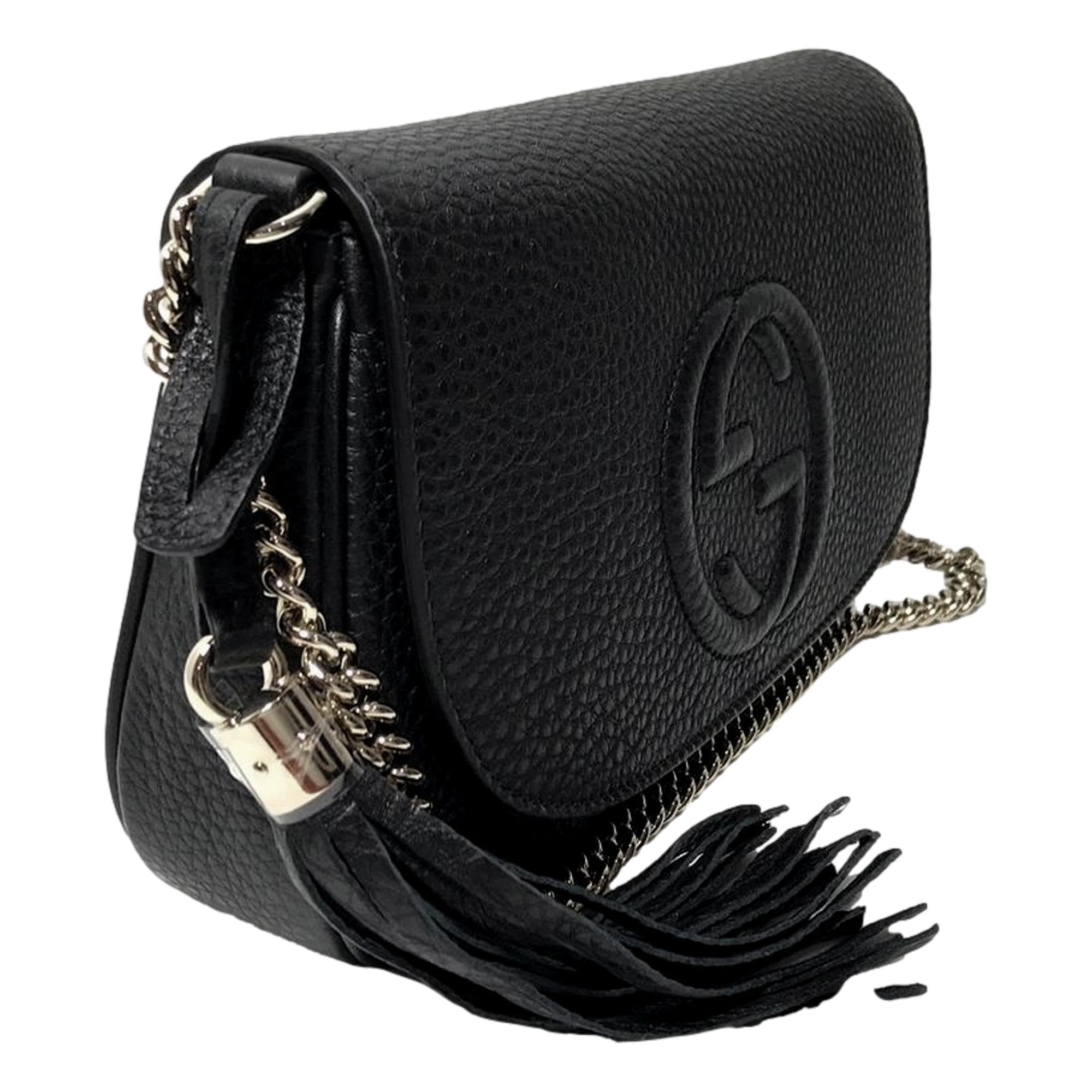 Gucci Soho Leather Flap Shoulder Bag Black Gold Tassel New Authentic: Gucci Soho Leather Flap Shoulder Bag Black Gold Tassel New Authentic