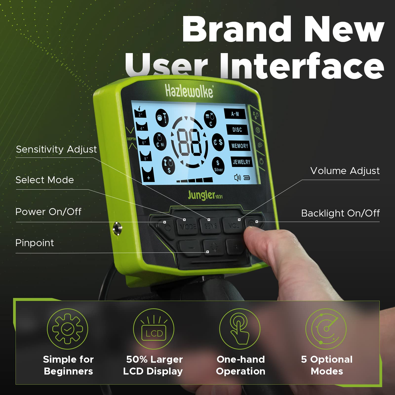 Hazlewolke Metal Detector for Adults, 5 Professional Mode with Higher Accuracy 10” Waterproof Coil for Gold Detecting: Green-Rechargeable