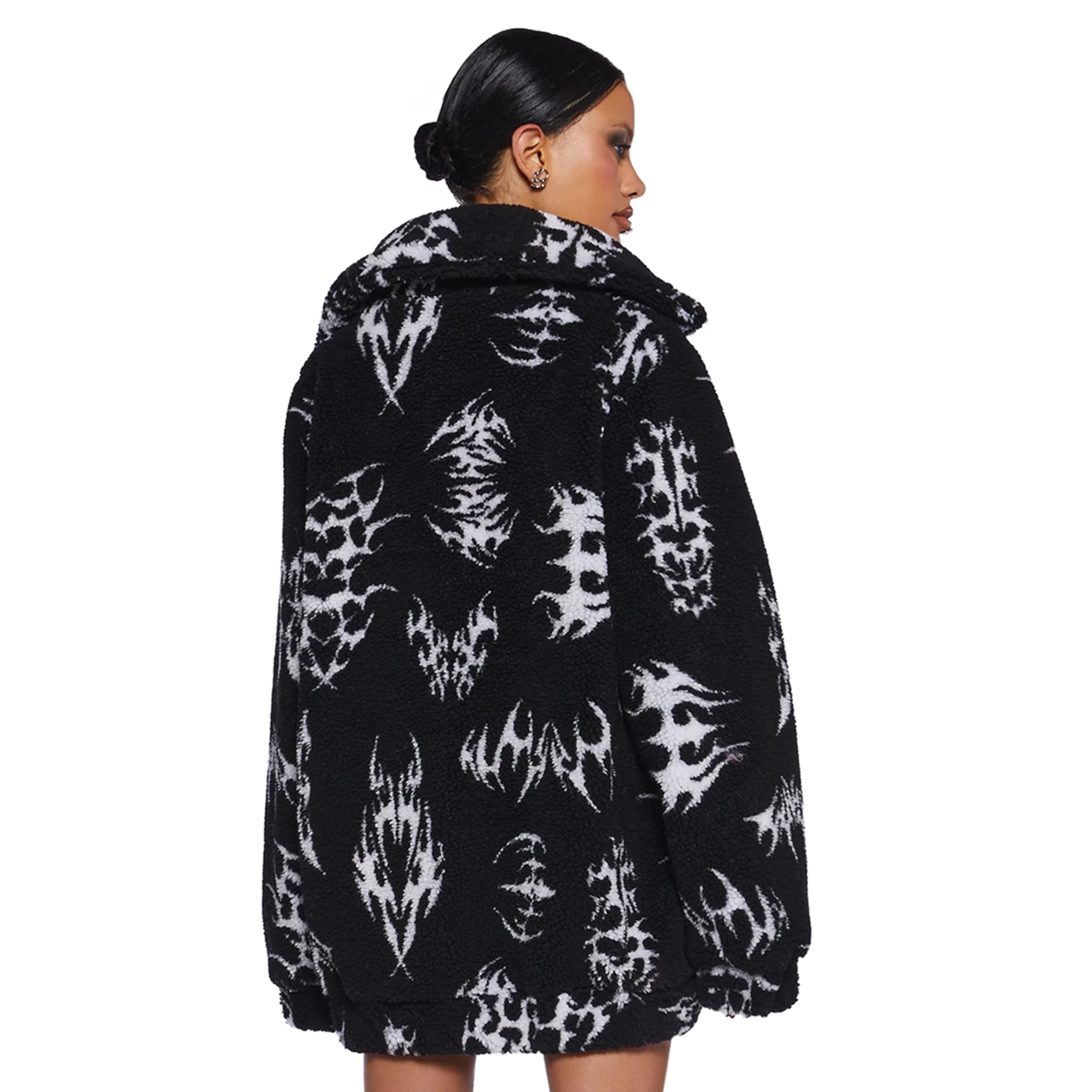 Dolls Kill Ciphered Up Sherpa Jacket by Club Exx - Oversized Symbol Print Faux Shearling Jacket - Black: Small Black