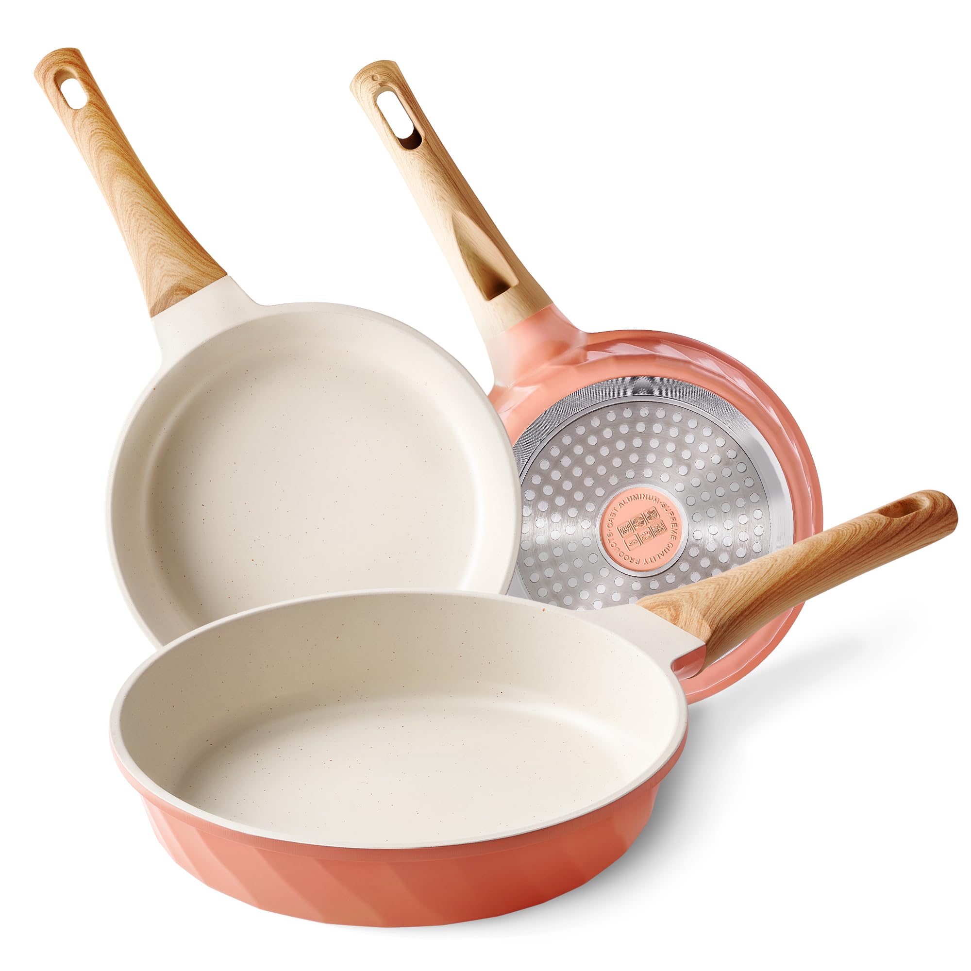 YIIFEEO Non Stick Frying Pan Set with Lids, Granite Skillet Set, Egg Omelette Pans for Cooking Pan Set, No Toxic Kitchen Cookware Set Compatible with All Stovetops (Gas & Induction), PFOA Free, Gift: 3PCS Pink Frying Pans