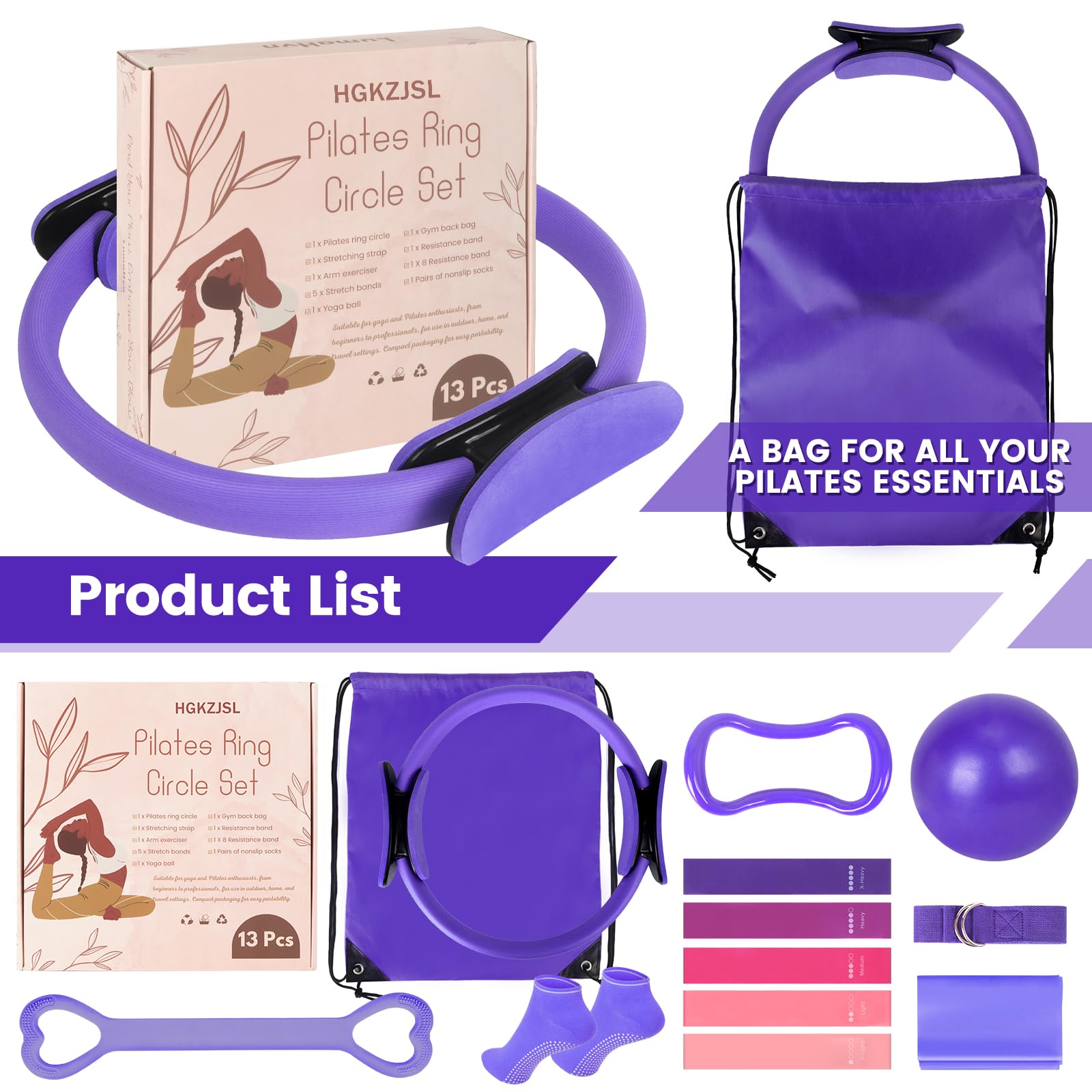 HGKZJSL Home Pilates Essentials Kit for Women,Pilates Equipment Set with 9 Inch Yoga Ball,Figure 8 Resistance Band,Pilates Bands & Accessories,Pilates Ring and Ball Set for Beginners Home Workouts