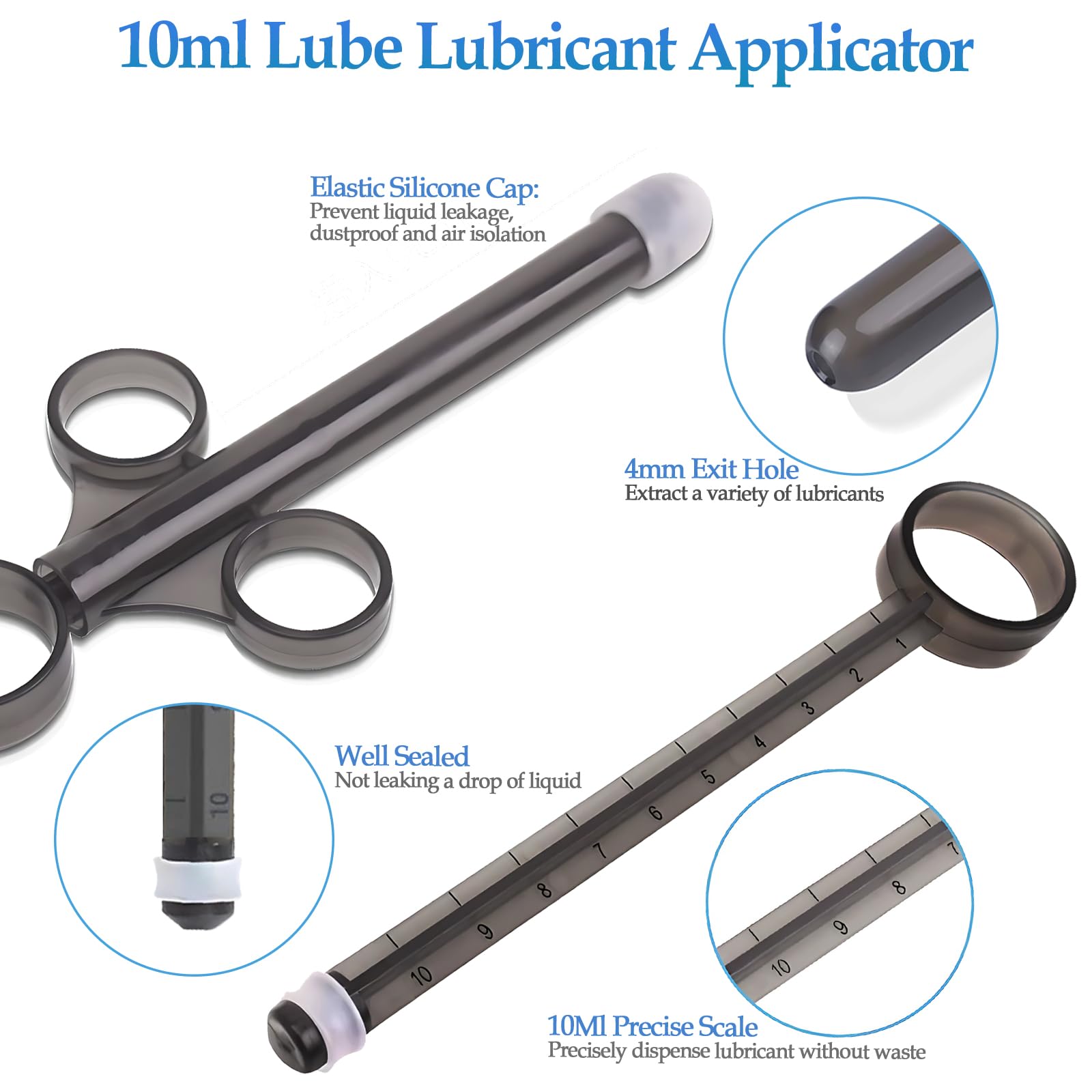 Lube Applicator Injectors with 10ml Precise Scales, 6.5” Long, Anal Shooter with Air-Proof Silicone Cap, Lubricant Applicator for Men, Women & Couples