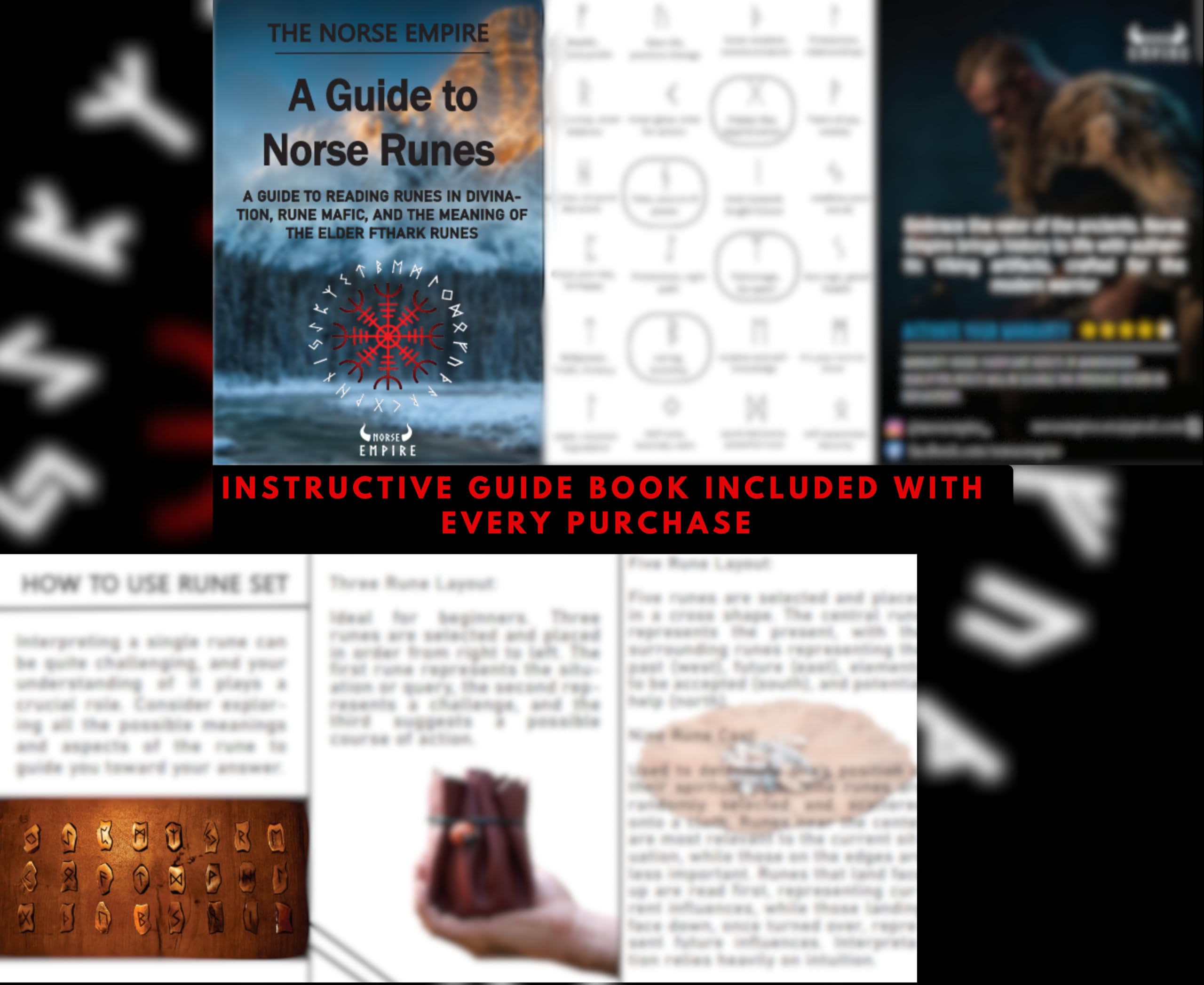 NORSE EMPIRE Viking Rune Set Includes a Premium Leather Divination Mat with Instruction Booklet & Handmade Authentic Ox Bone Elder Futhark runestone Pieces Gift for Men and Women…