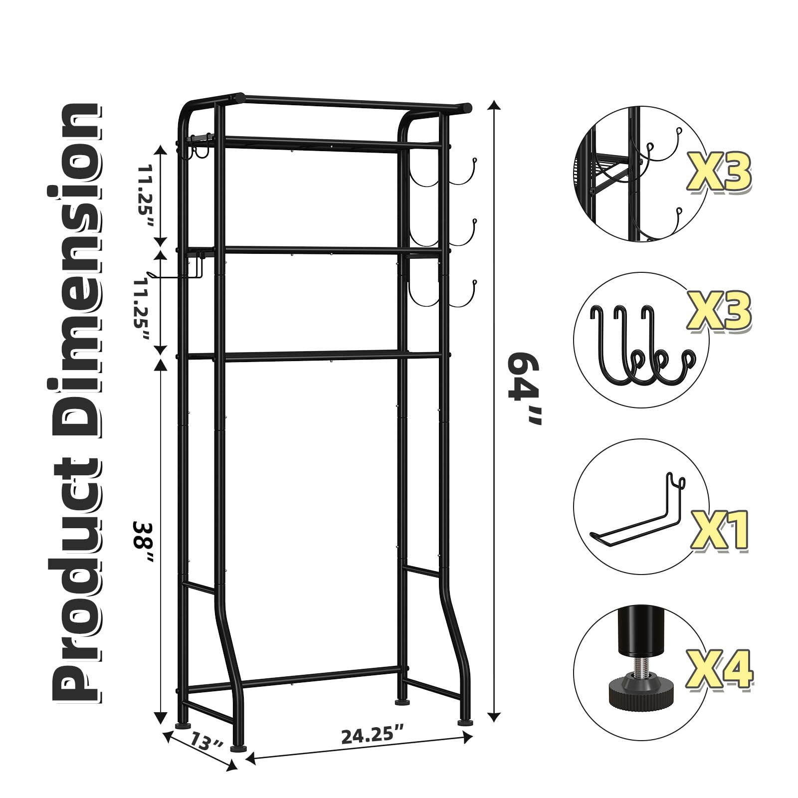 Simple Trending 3 Tier Over The Toilet Rack, Shelf Bathroom, Bathroom Stand Organizer Space Saver,: Black