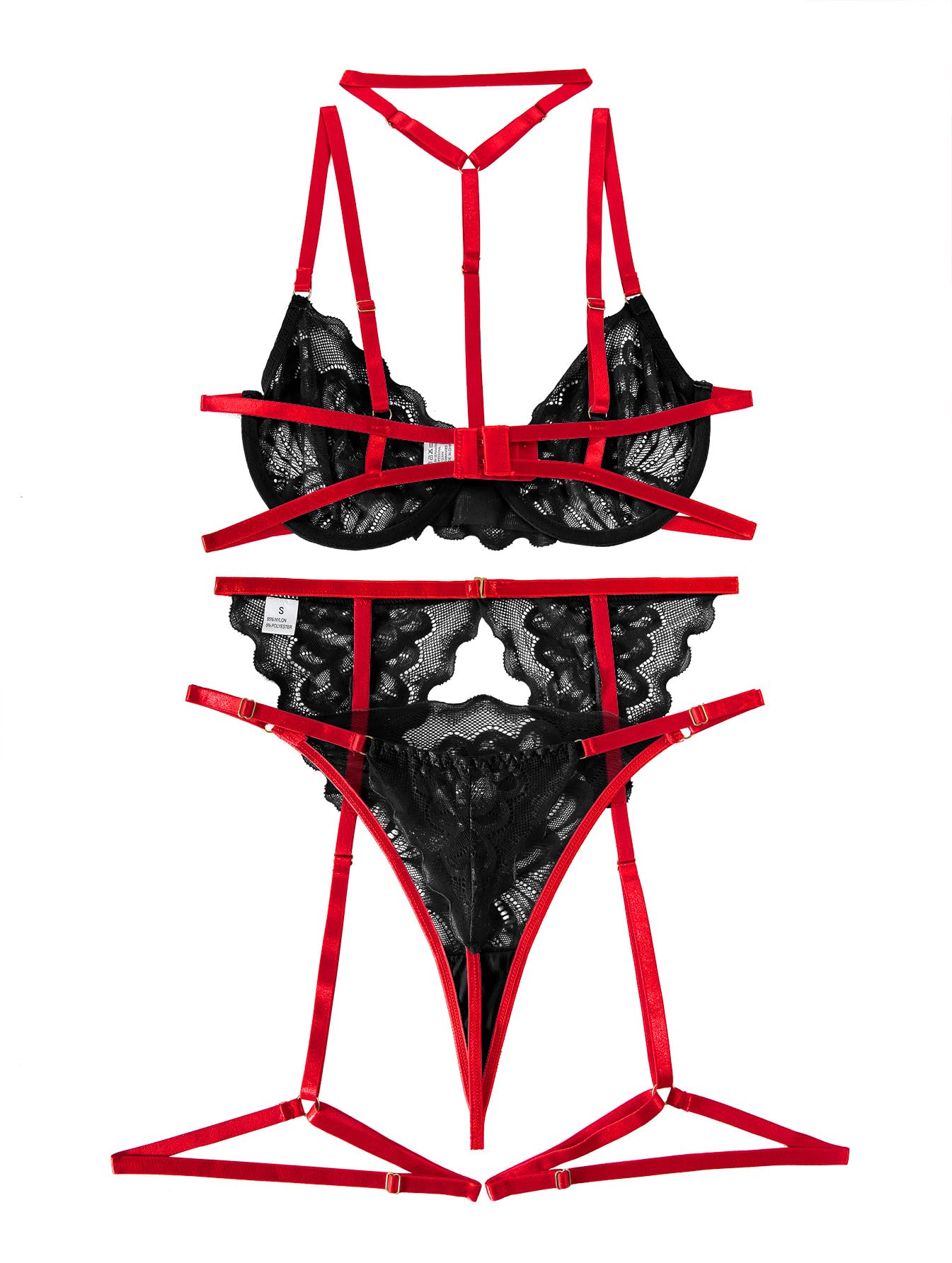 Lilosy Sexy Choker Floral Lace Underwire Push Up Garter Belt Lingerie Set for Women Sheer Bra and Panty 3 Piece: Small Black Red