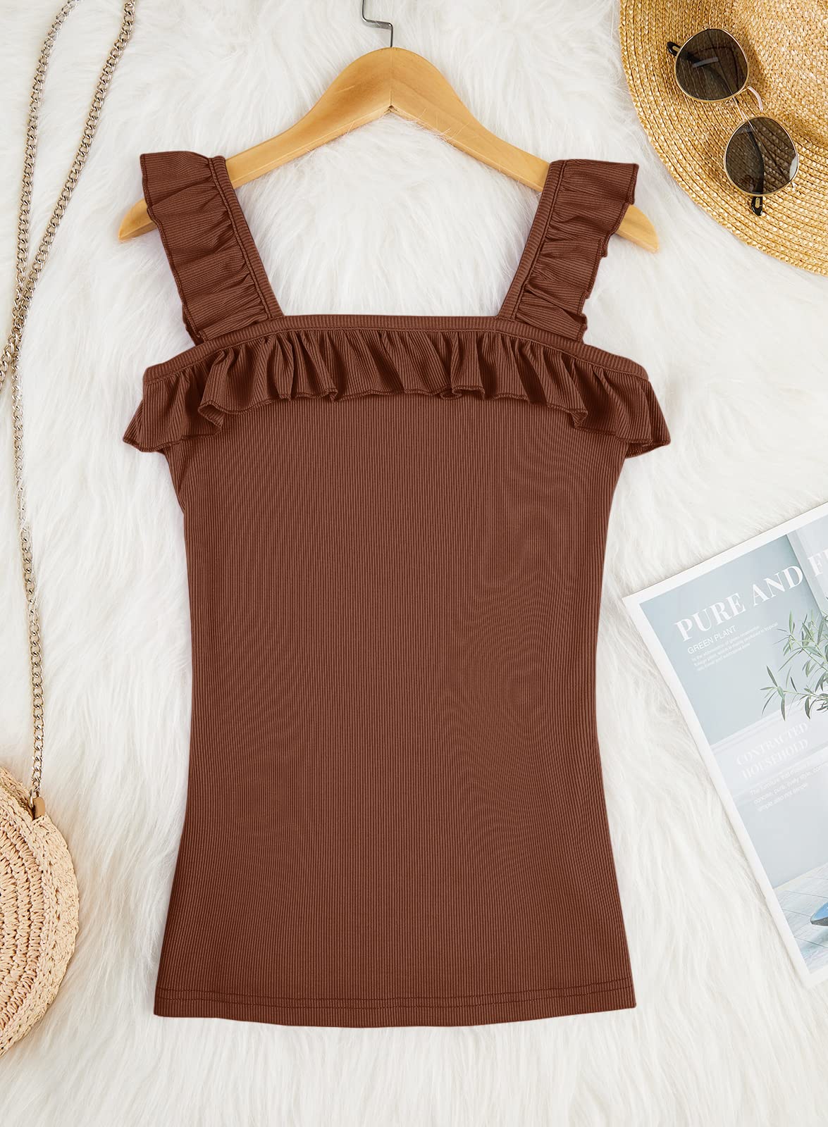 Womens Cute Sleeveless Tank Tops Ruffle Strap Square Neck Blouse Solid Color Knitted Camisole