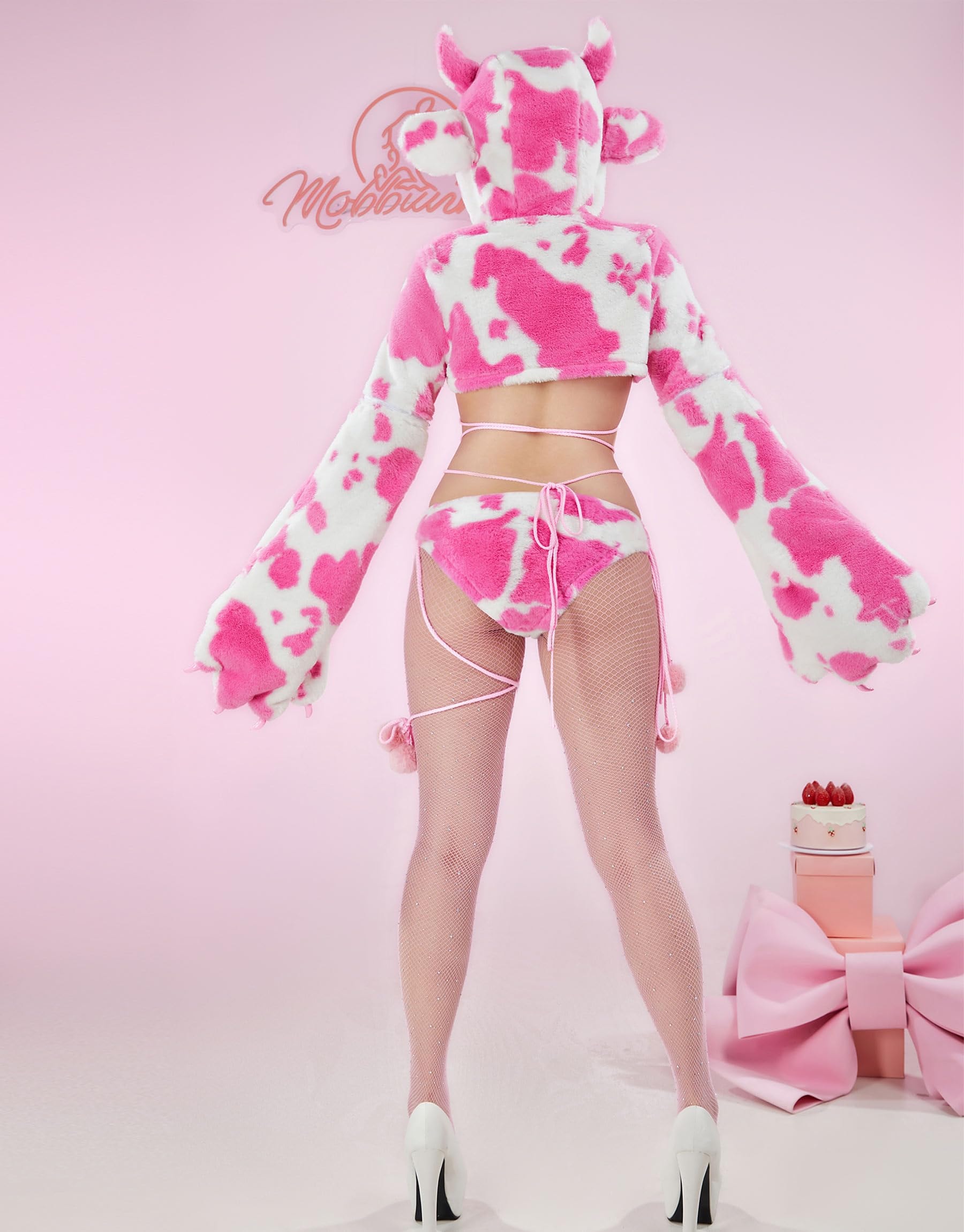 Mobbunny Women's Anime Cute Pajamas Set Cow Print Cosplay Lingerie Furry Paw Set Fuzzy Hoodie Top and Bra Panty Outfit - Image 2