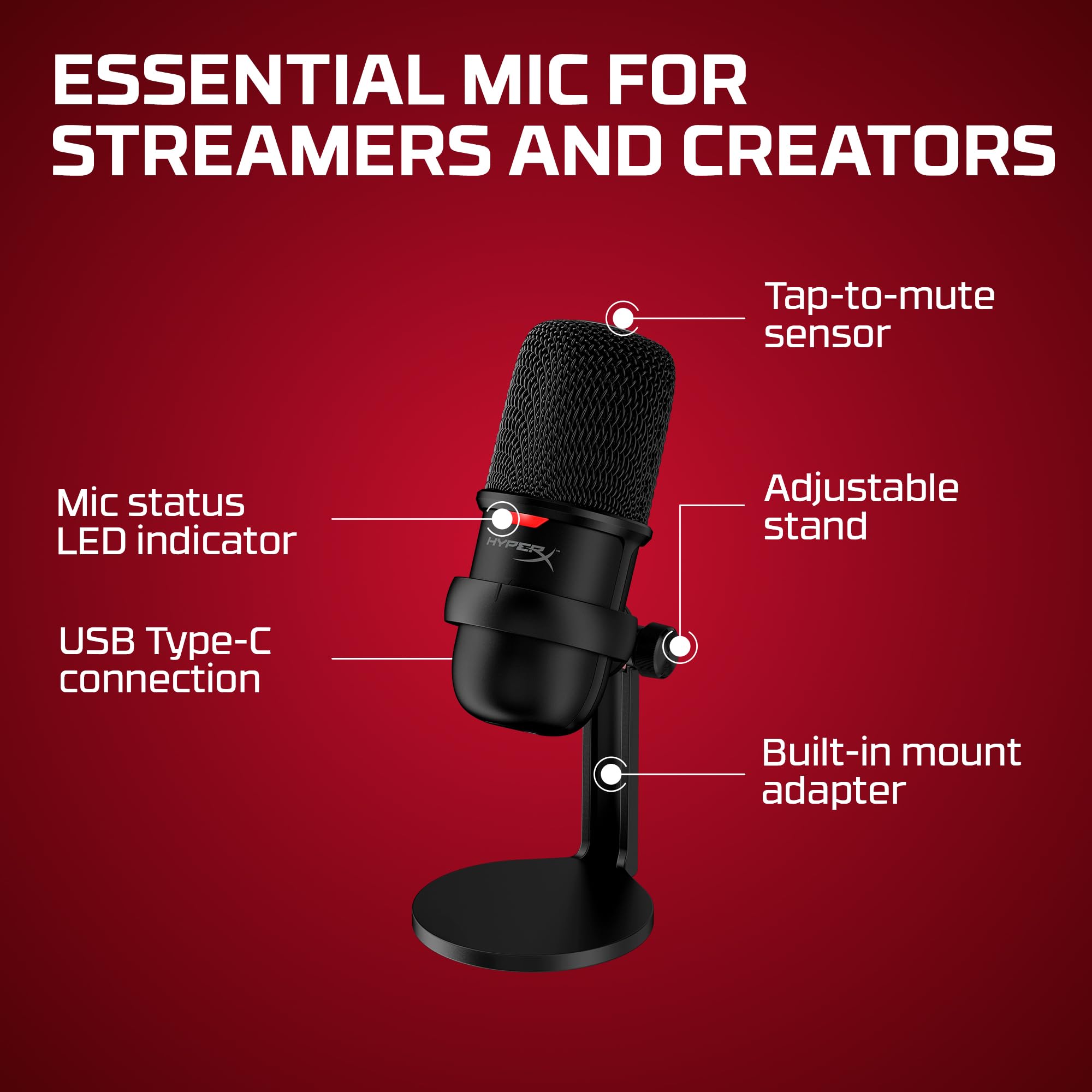 HyperX SoloCast – USB Condenser Gaming Microphone, for PC, PS4, PS5 and Mac, Tap-to-Mute Sensor, Cardioid Polar Pattern, great for Streaming, Podcasts, Twitch, YouTube, Discord,Black: Microphone Black