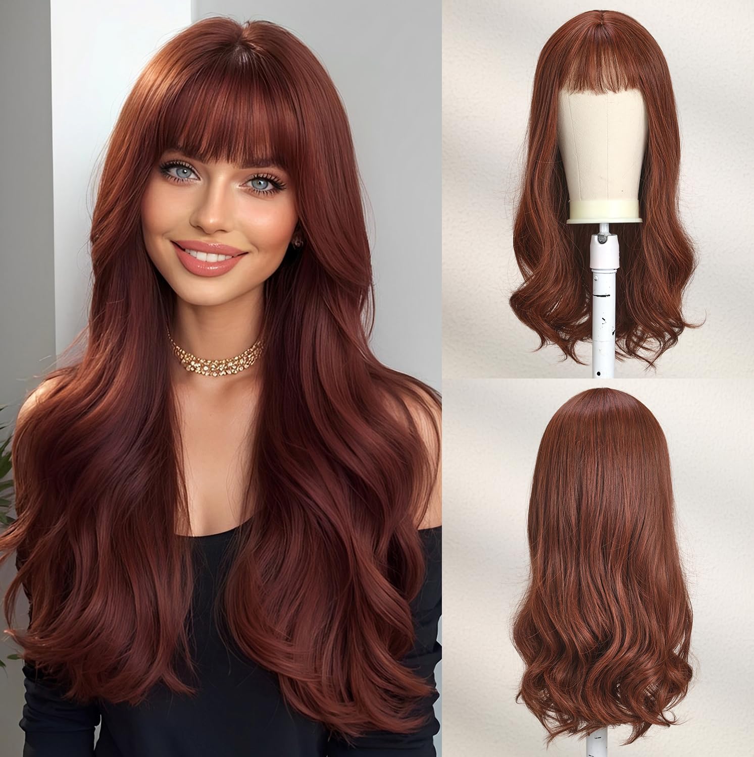 Esmee 24 Inches Long Straight Auburn Layered Natural Synthetic Hair Wigs for Women with Dark Roots for Daily Party Use: Burgundy 24 Inch