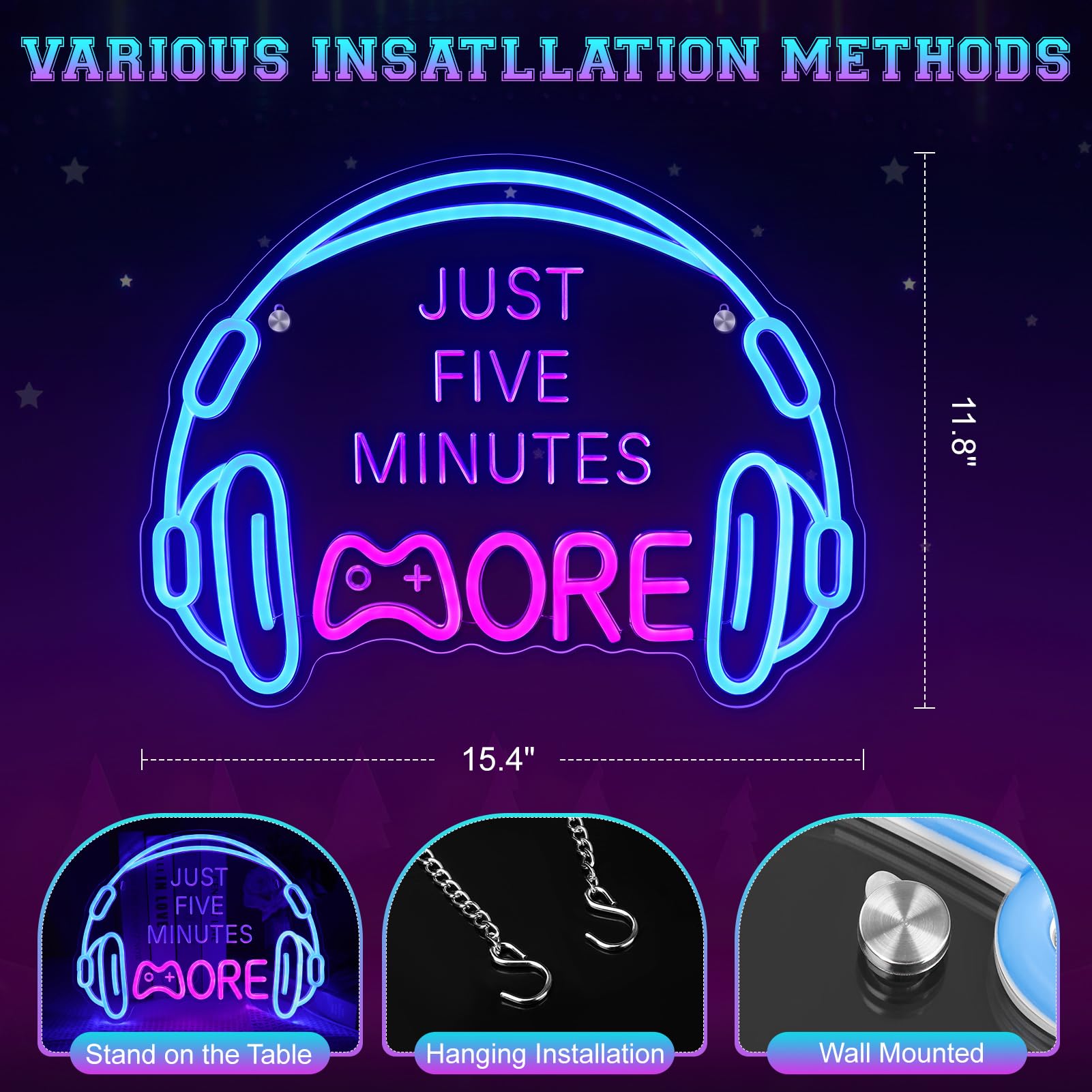 Gaming Neon Sign, Large Bright and Dimmable Colored LED Headset Gamer Neon Light and USB Powered Headphone Lightup Game Signs for Game Zone Video Room Boy Bedroom Wall Decor ()