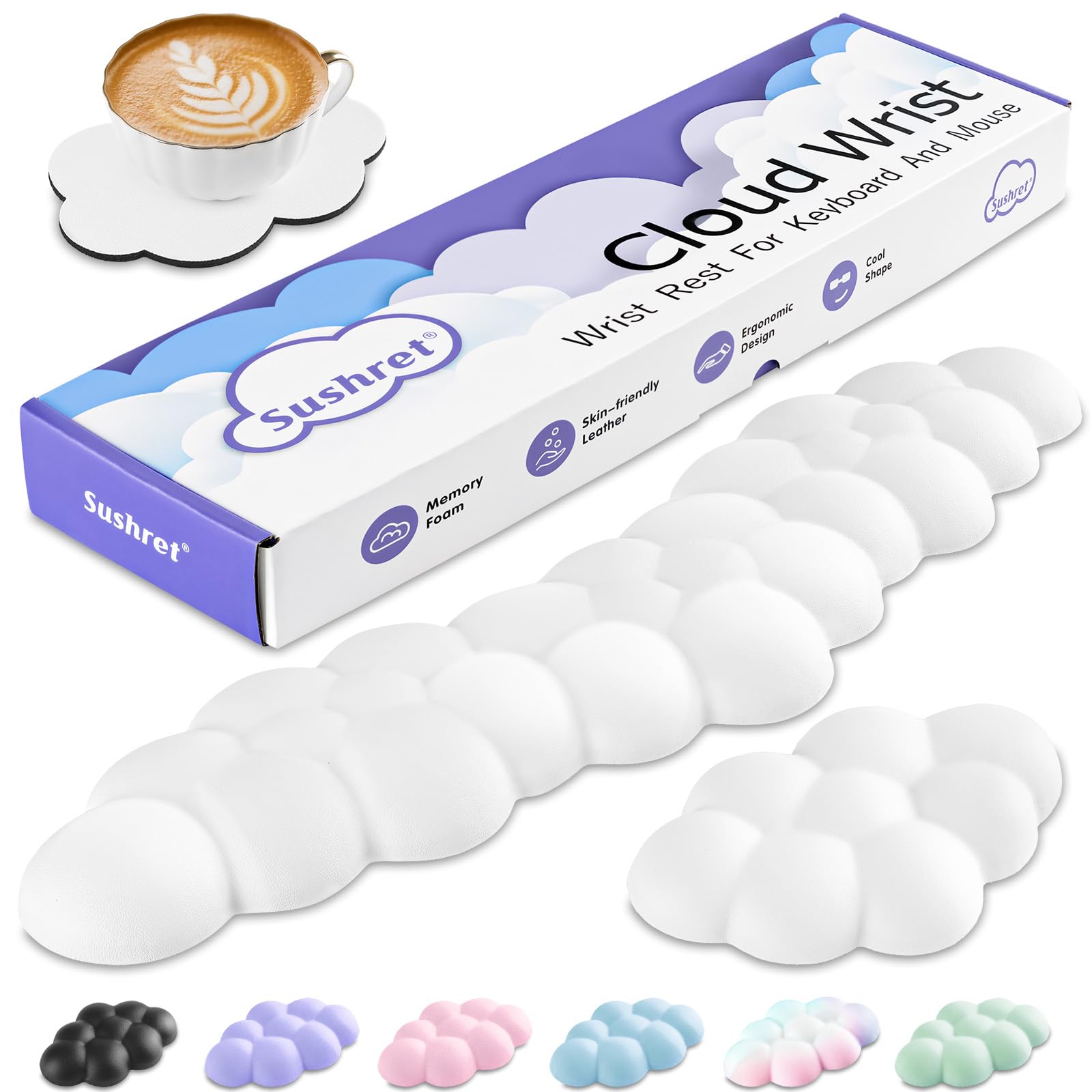 Sushret Cloud Wrist Rest Keyboard, Cloud Keyboard Wrist Pad Set with PU Leather Memory Foam, Cute Arm Rest for Palm Support, PC/Gaming Desk Accessories/Office Setup/Computer Hand Cushion - White: Full Size 08white-full Size