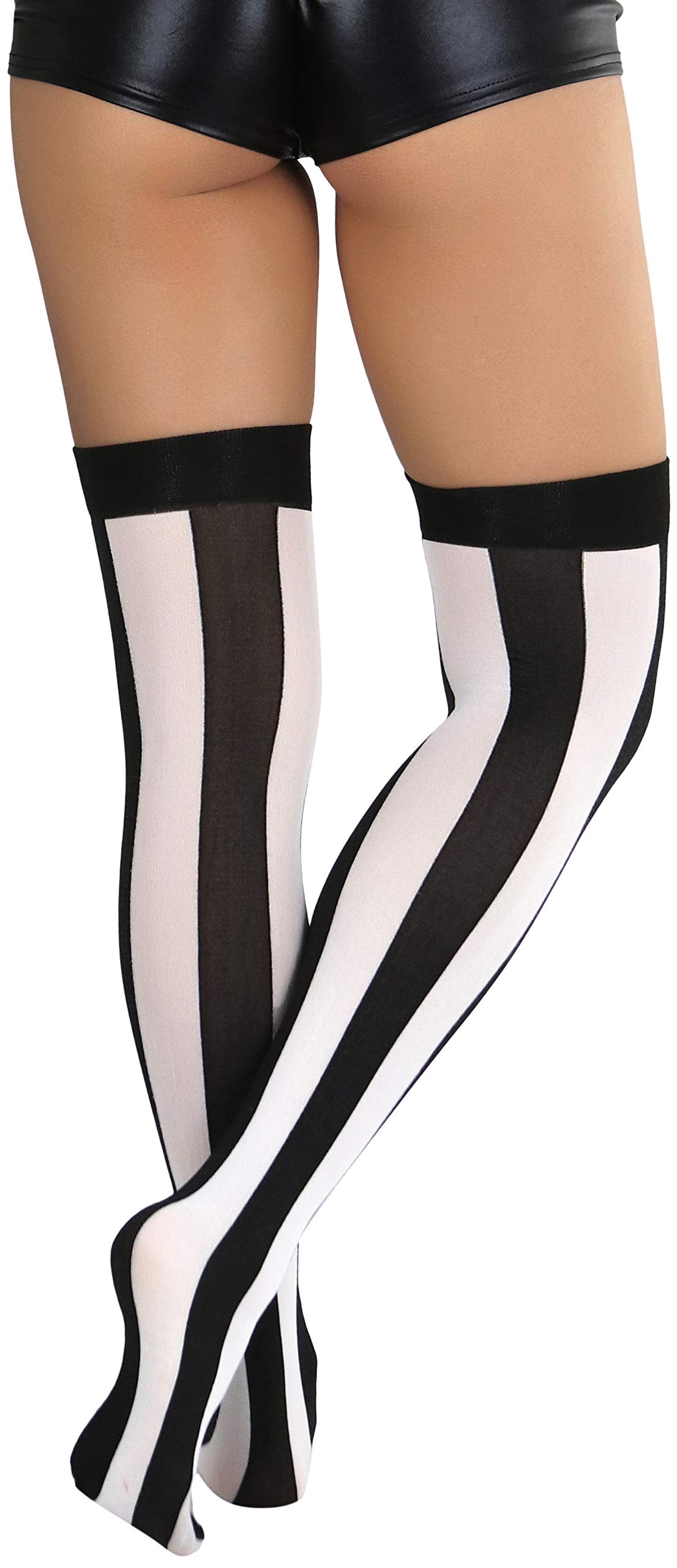 ToBeInStyle Women’s Wide Vertical Striped Thigh High Halloween Party Novelty Stockings: Black W/ White Wide Stripes