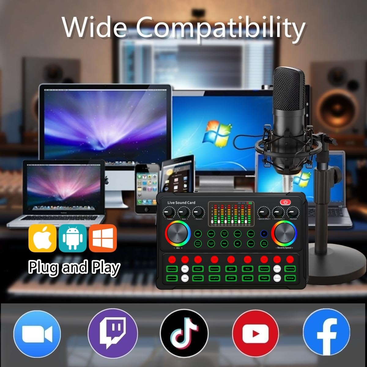 SKTEET Podcast Equipment Bundle, with BM800 Podcast Microphone and V8 Sound Card, Voice Changer - Audio Interface -Perfect for Recording, Singing, Streaming and Gaming (): M300