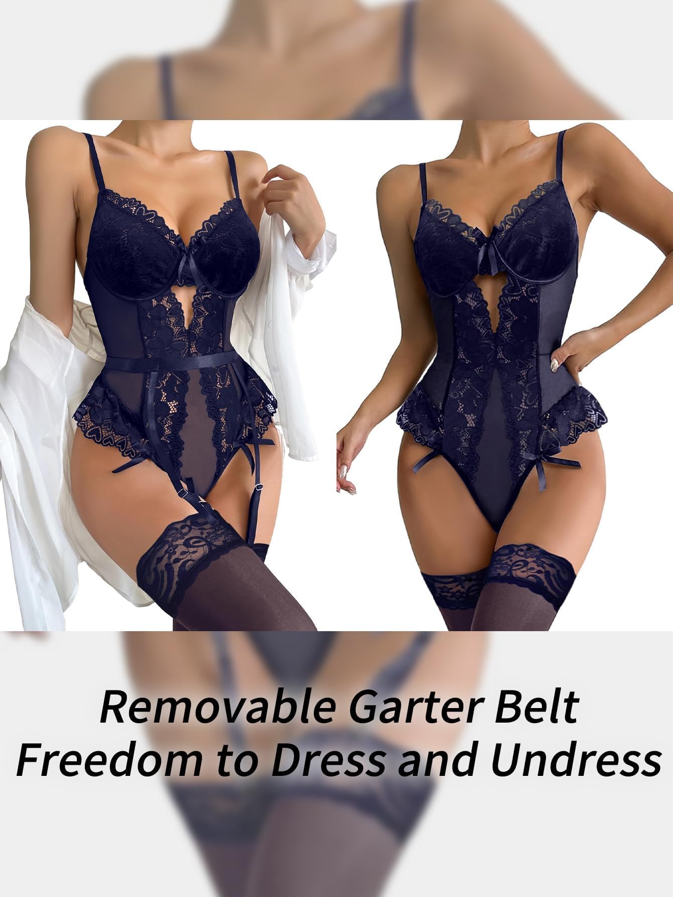 Lilosy Sexy Stocking Lace Mesh Bodysuit Top Underwire Garter Lingerie Set 3 Piece: Large Navy Blue