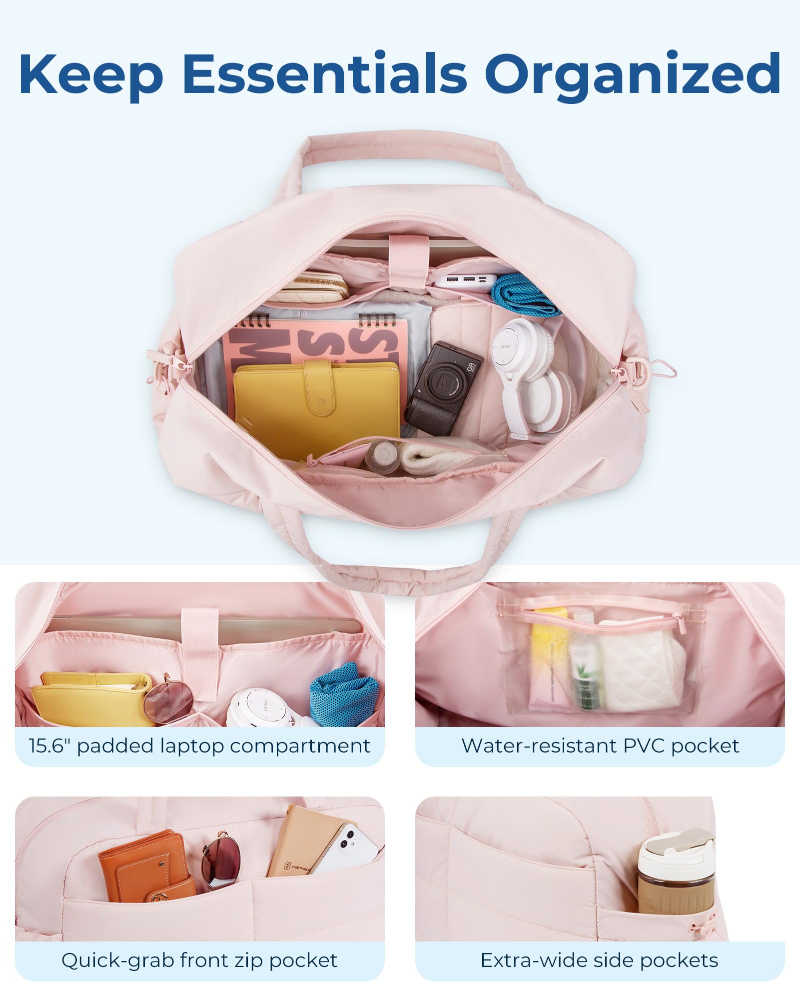BAGSMART Gym Bag for Women, 31L Travel Duffle Bag Puffer Tote Quilted Laptop Carry on, Weekender Overnight Organizer for Travel, Water Resistant, Dark Pink: Baby Pink